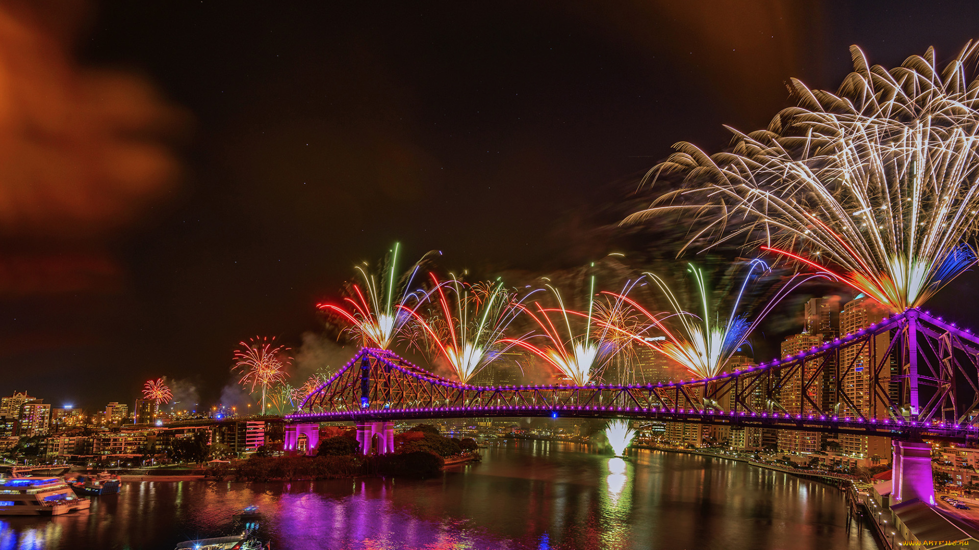 австралия, разное, салюты, , фейерверки, водоем, мост, иллюминация, катер, здания, ночь