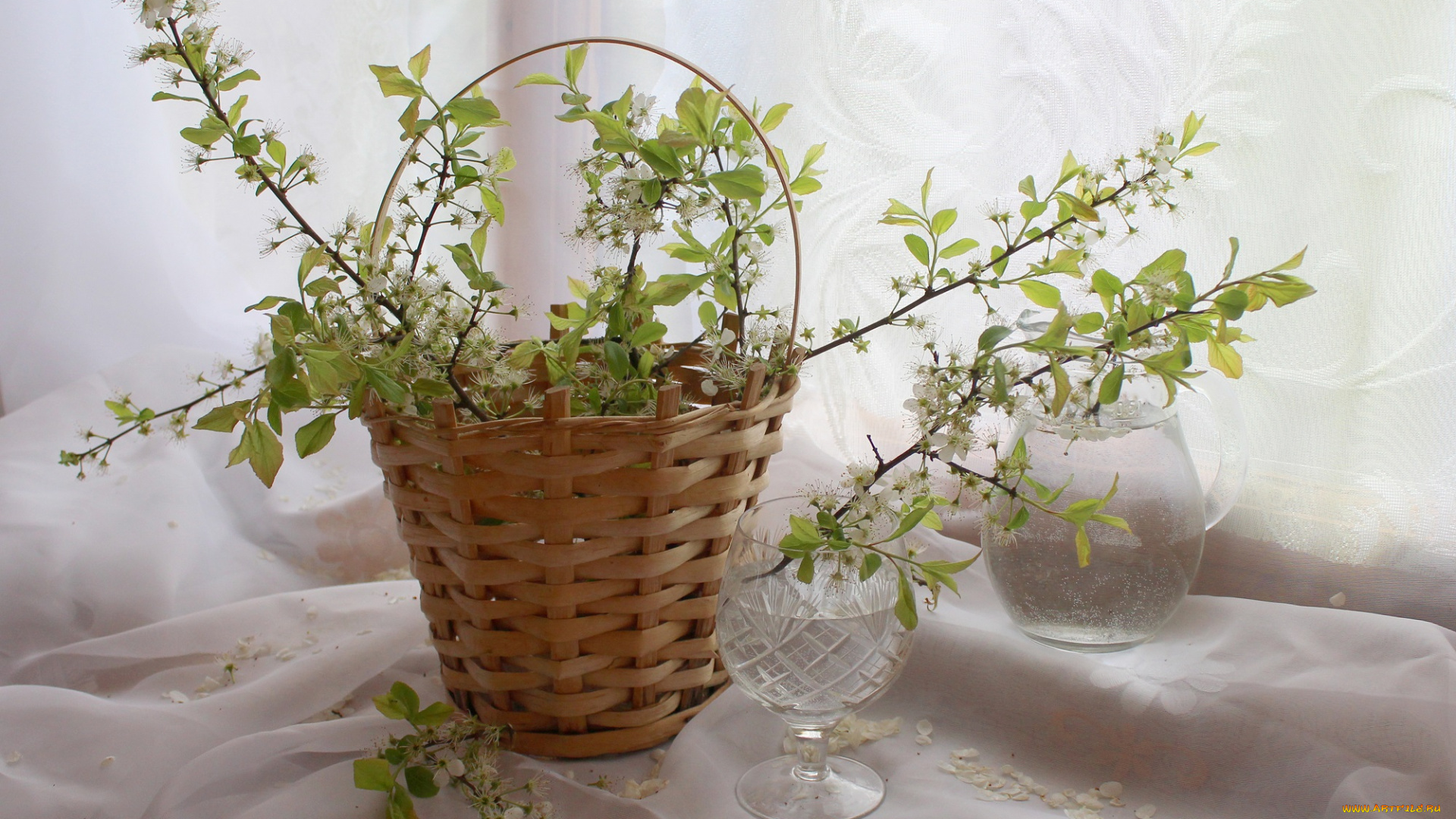 цветы, цветущие, деревья, , , кустарники, слива, посуда, корзина, композиция, ветки, весна
