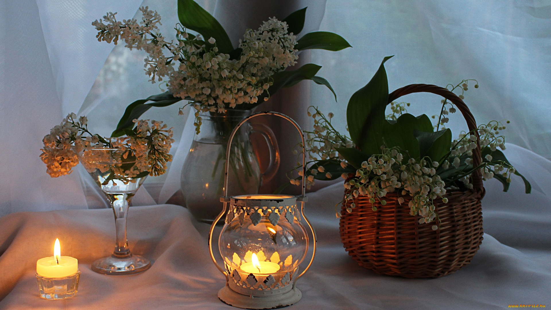 цветы, ландыши, вечер, лето, свечи, сирень