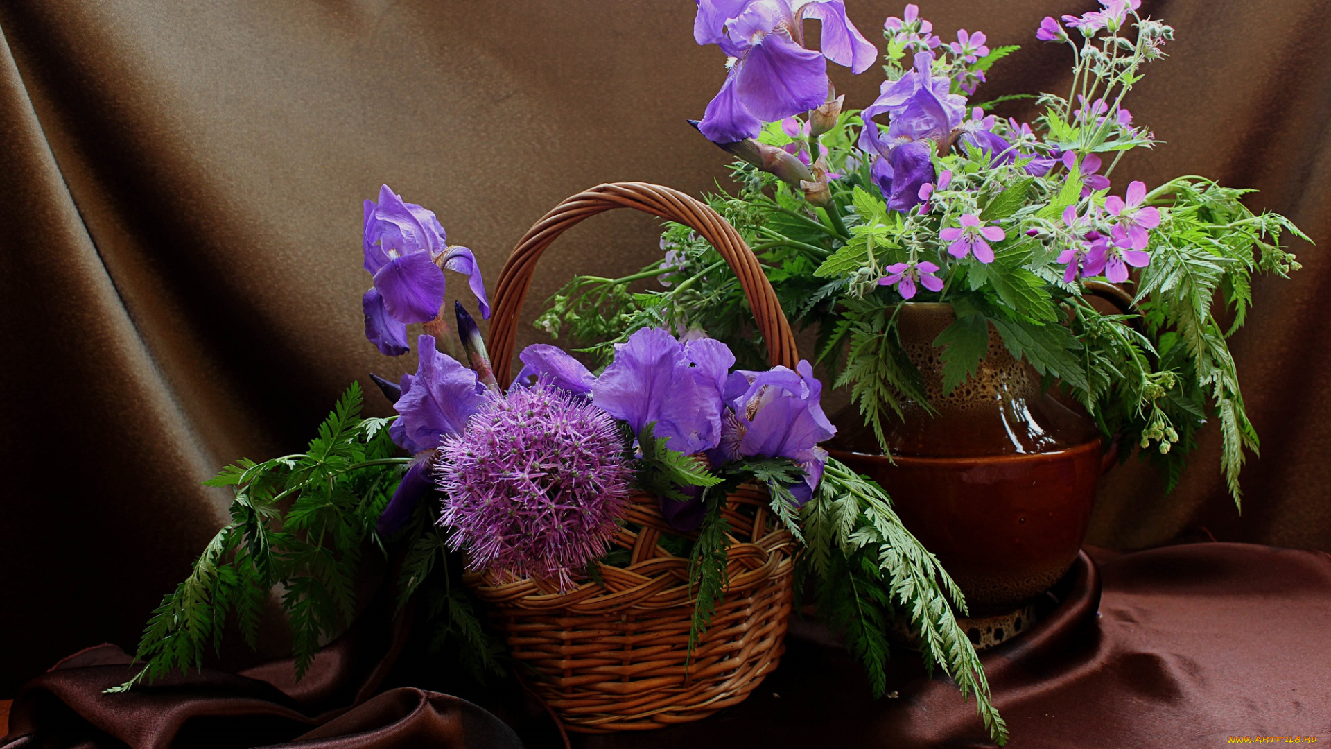 цветы, разные, вместе, лук, декоративный, натюрморт, ирисы, лето, герань, лесная