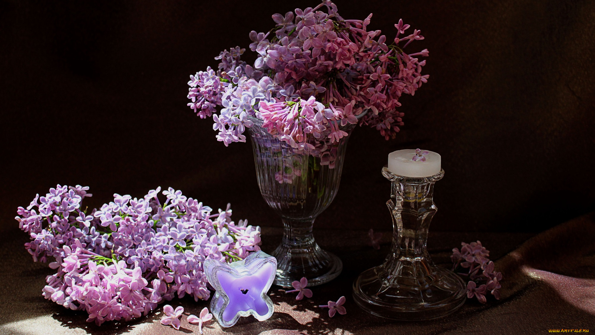 цветы, сирень, композиция, свечи
