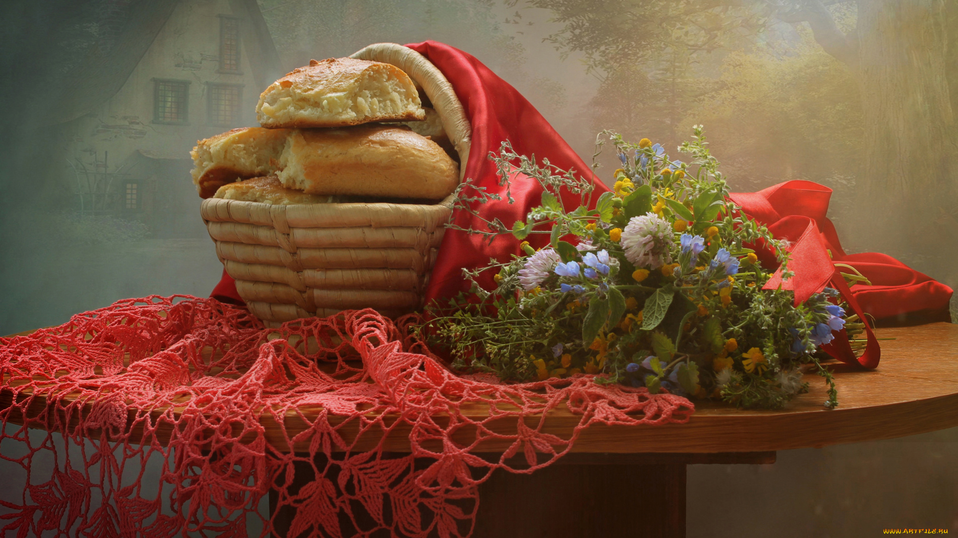 еда, хлеб, , выпечка, май, весна, корзинка, цветы, натюрморт, пирожки, сказка
