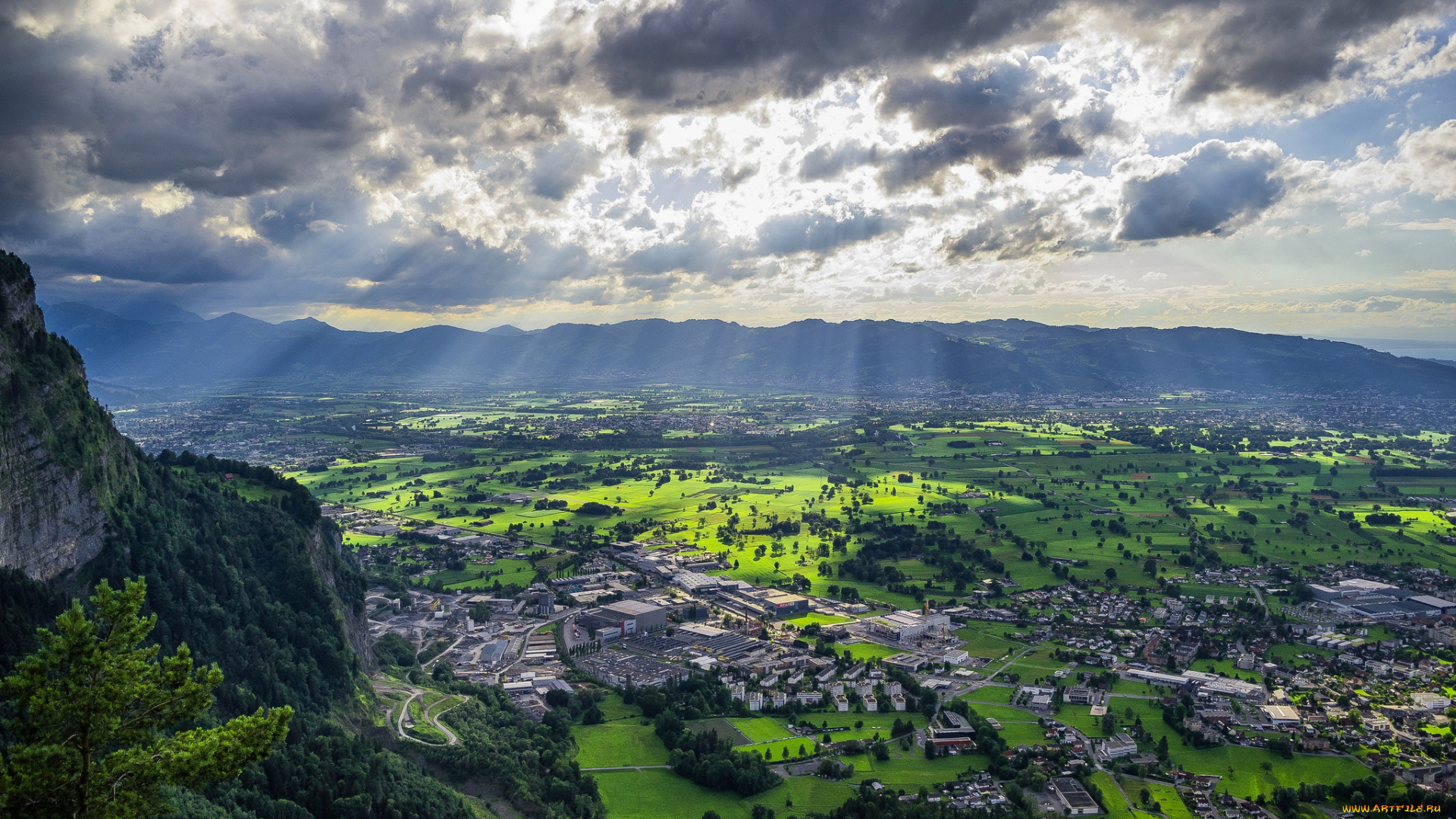 города, -, панорамы, облака, горы, дома, австрия, долина, дорнбирн, лучи
