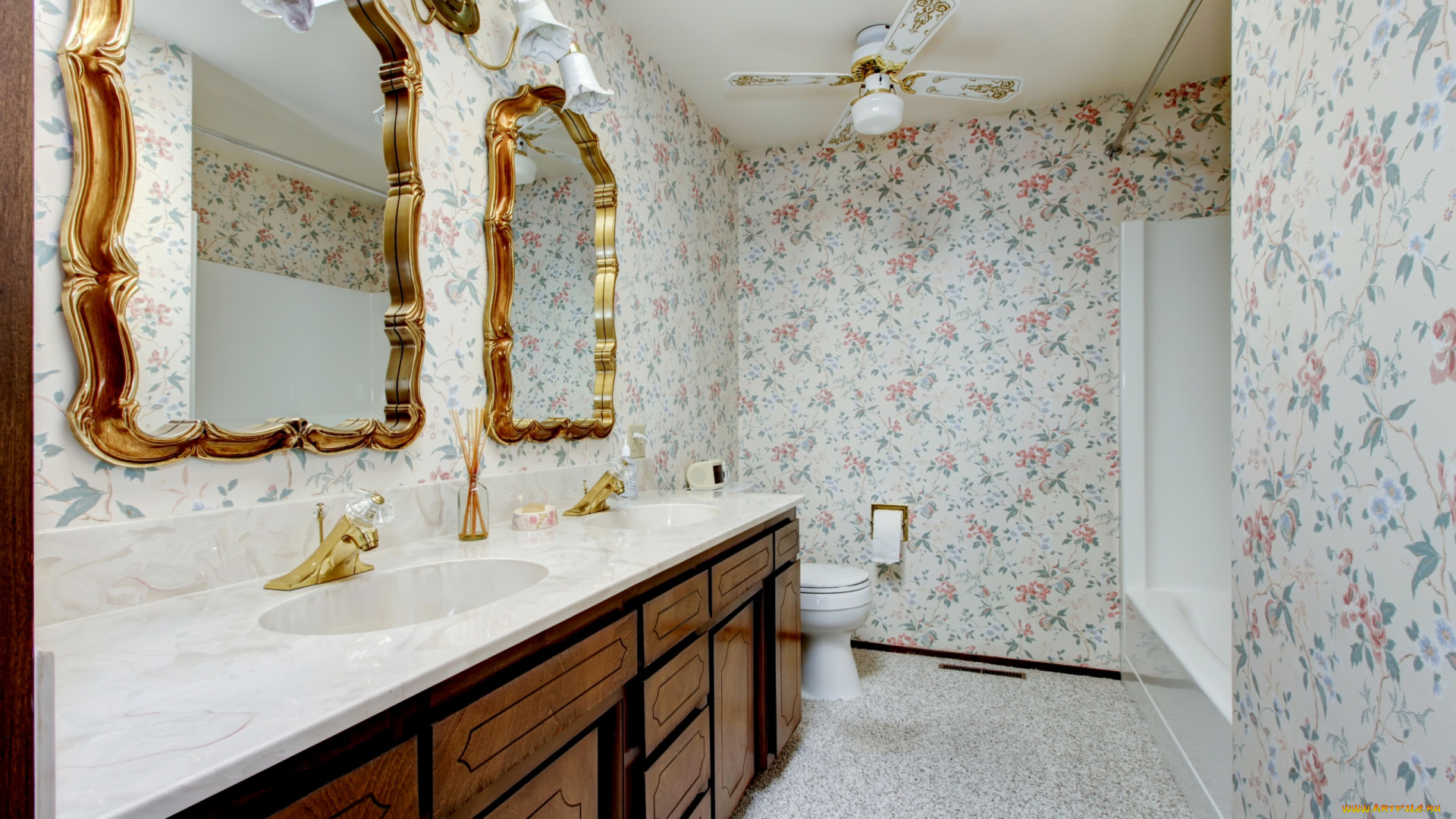 интерьер, ванная, и, туалетная, комнаты, цветы, дизайн, ванная, стиль