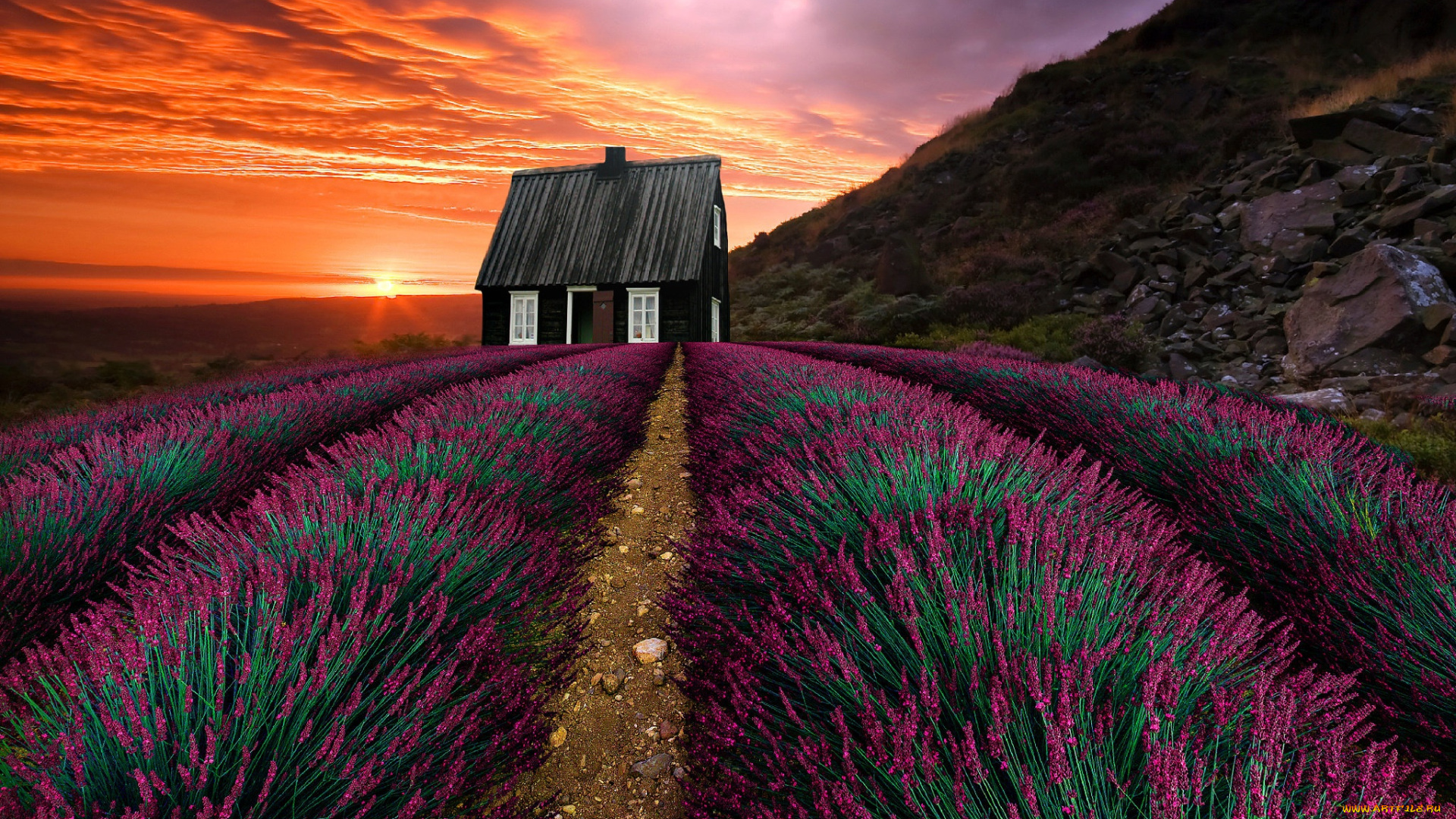 природа, восходы, закаты, растительность, дом, горы, закат, пейзаж