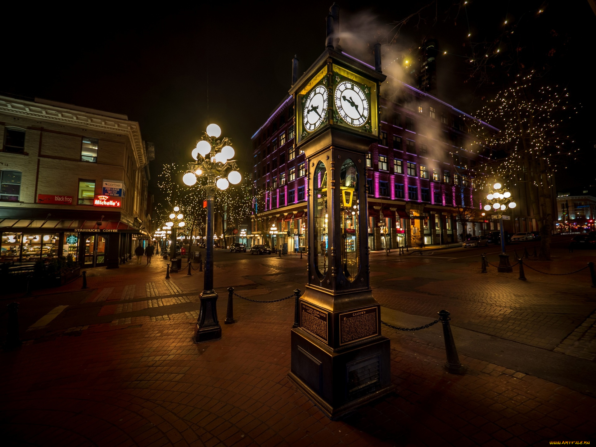 канада, города, -, огни, ночного, города, фонари, часы, здания, витрины, дорога