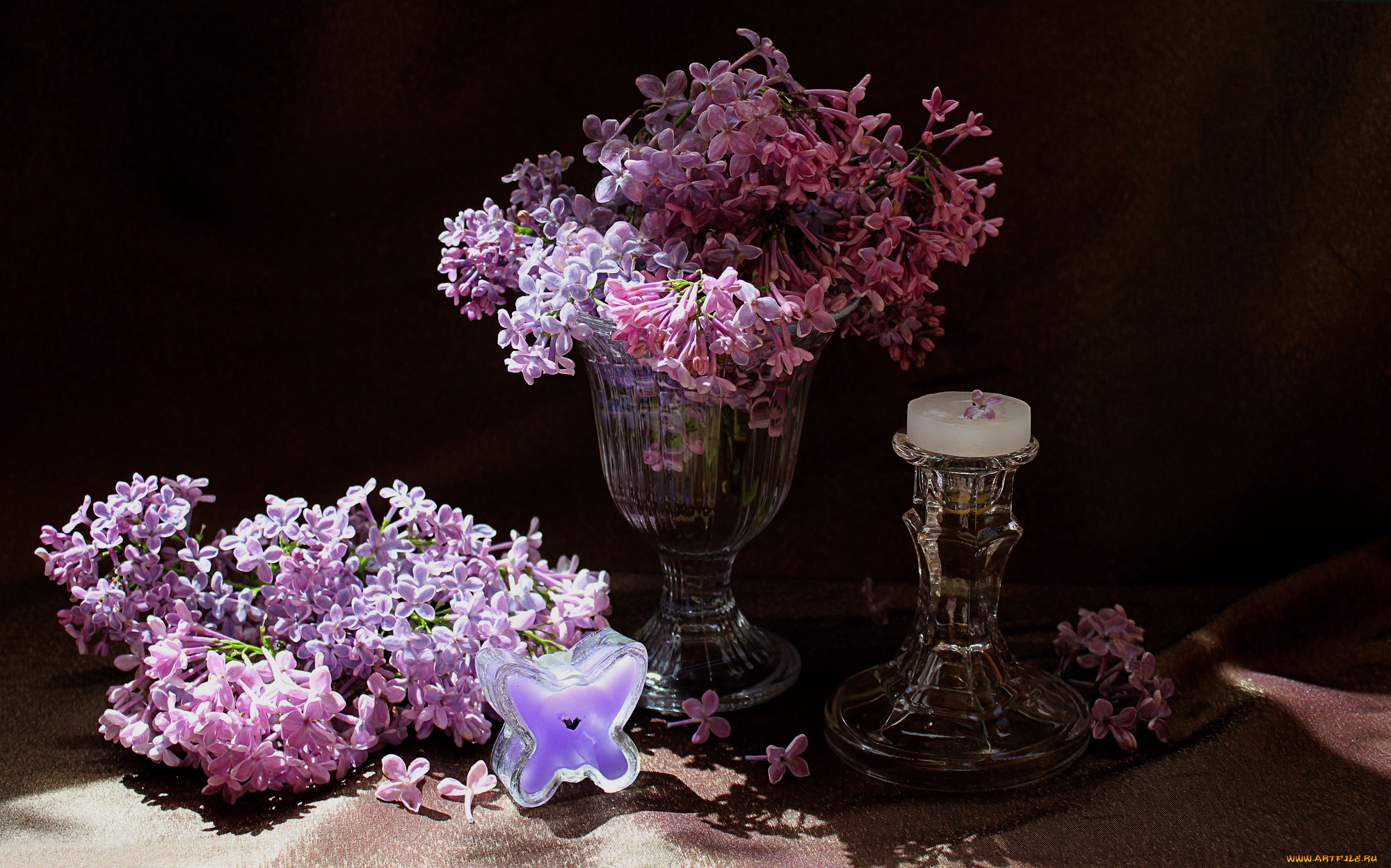 цветы, сирень, композиция, свечи