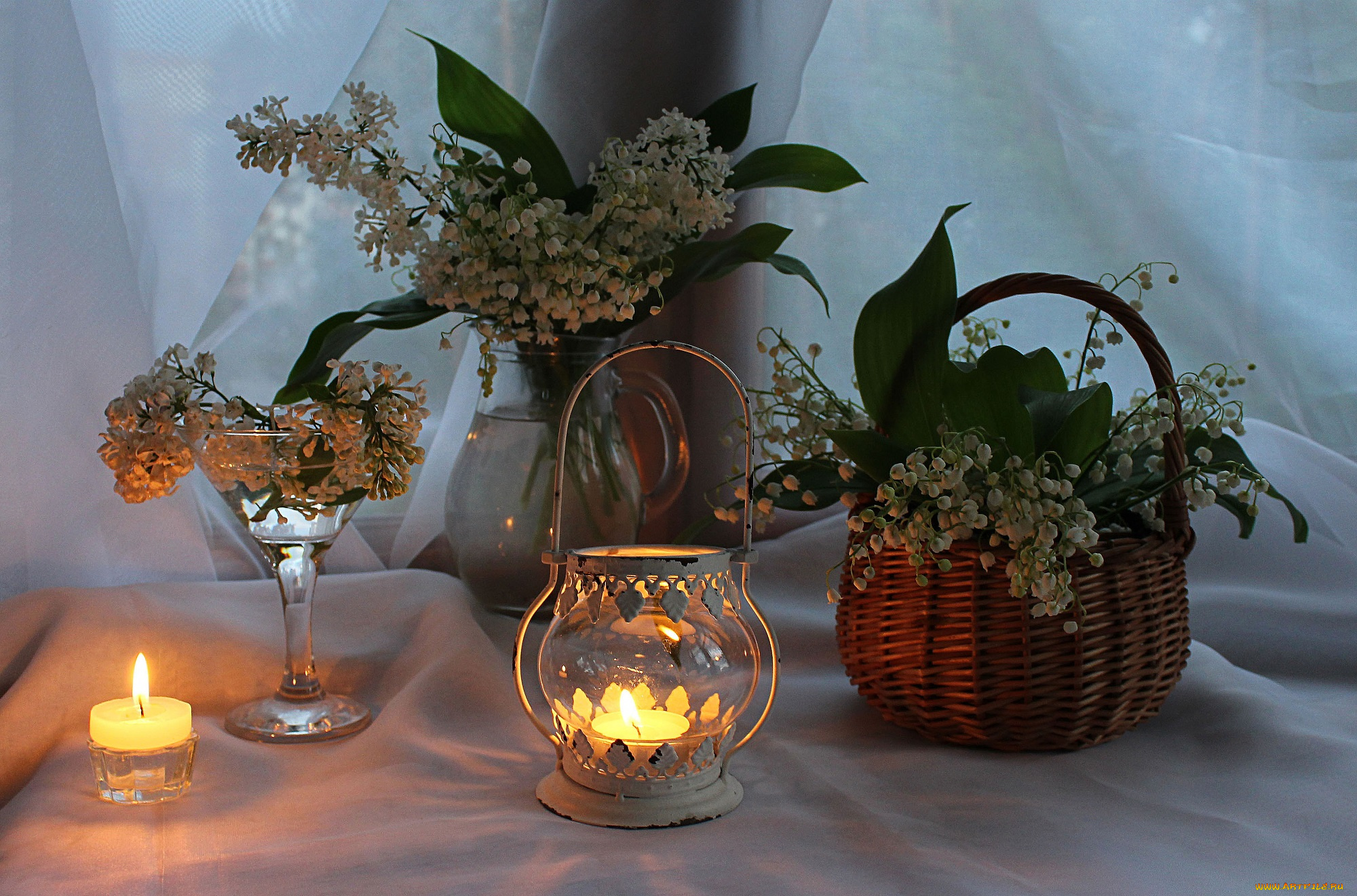 цветы, ландыши, вечер, лето, свечи, сирень