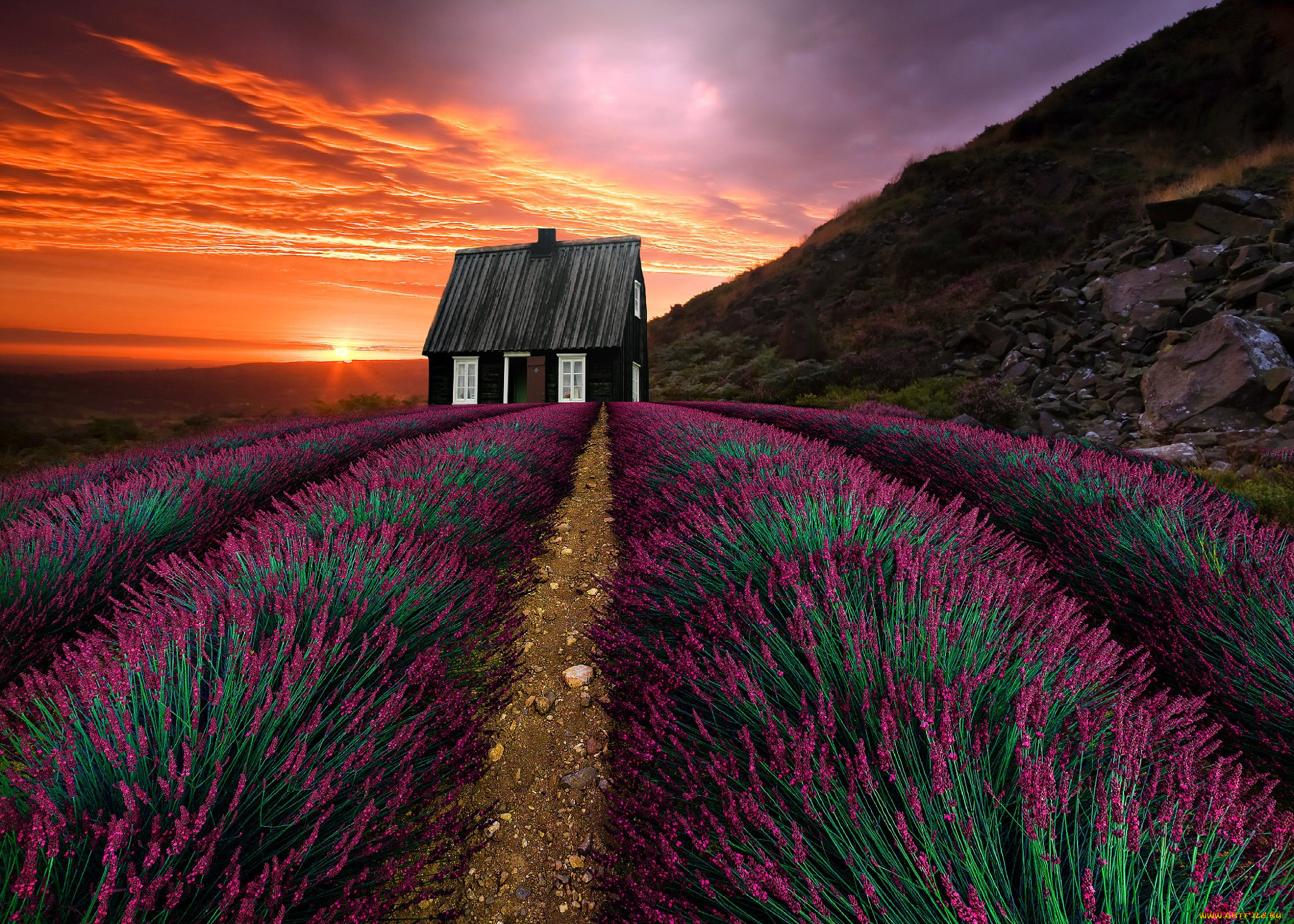 природа, восходы, закаты, растительность, дом, горы, закат, пейзаж