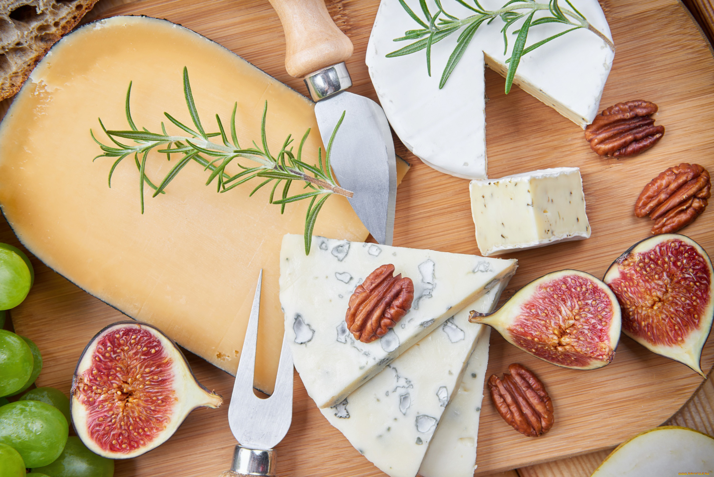 еда, сырные, изделия, зелень, орехи, виноград, сыр, хлеб, инжир