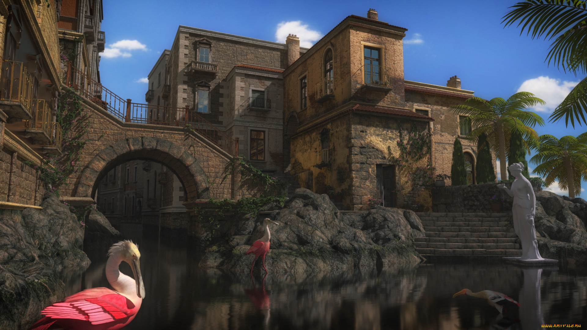 3д, графика, реализм, , realism, пруд, замок, скульптуры, фламинго