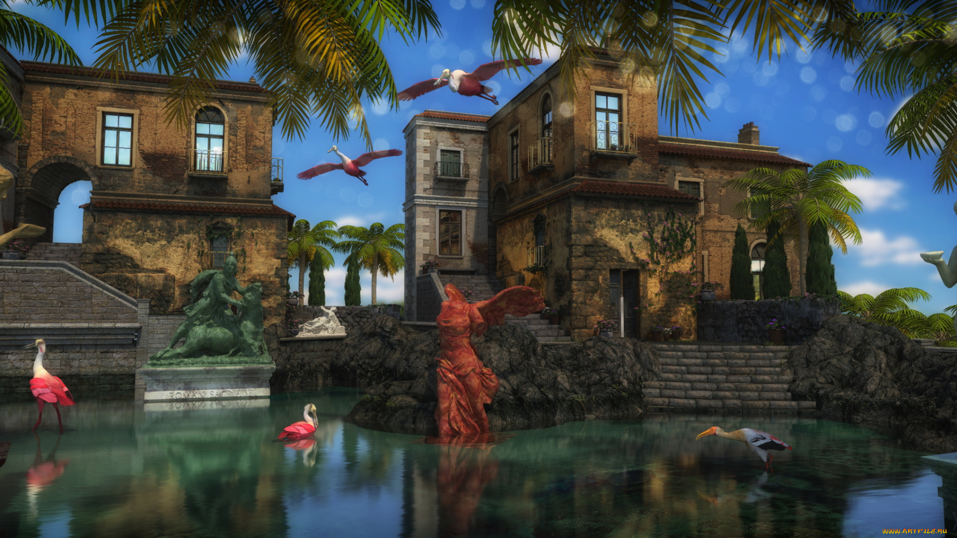 3д, графика, реализм, , realism, замок, пруд, скульптуры, фламинго