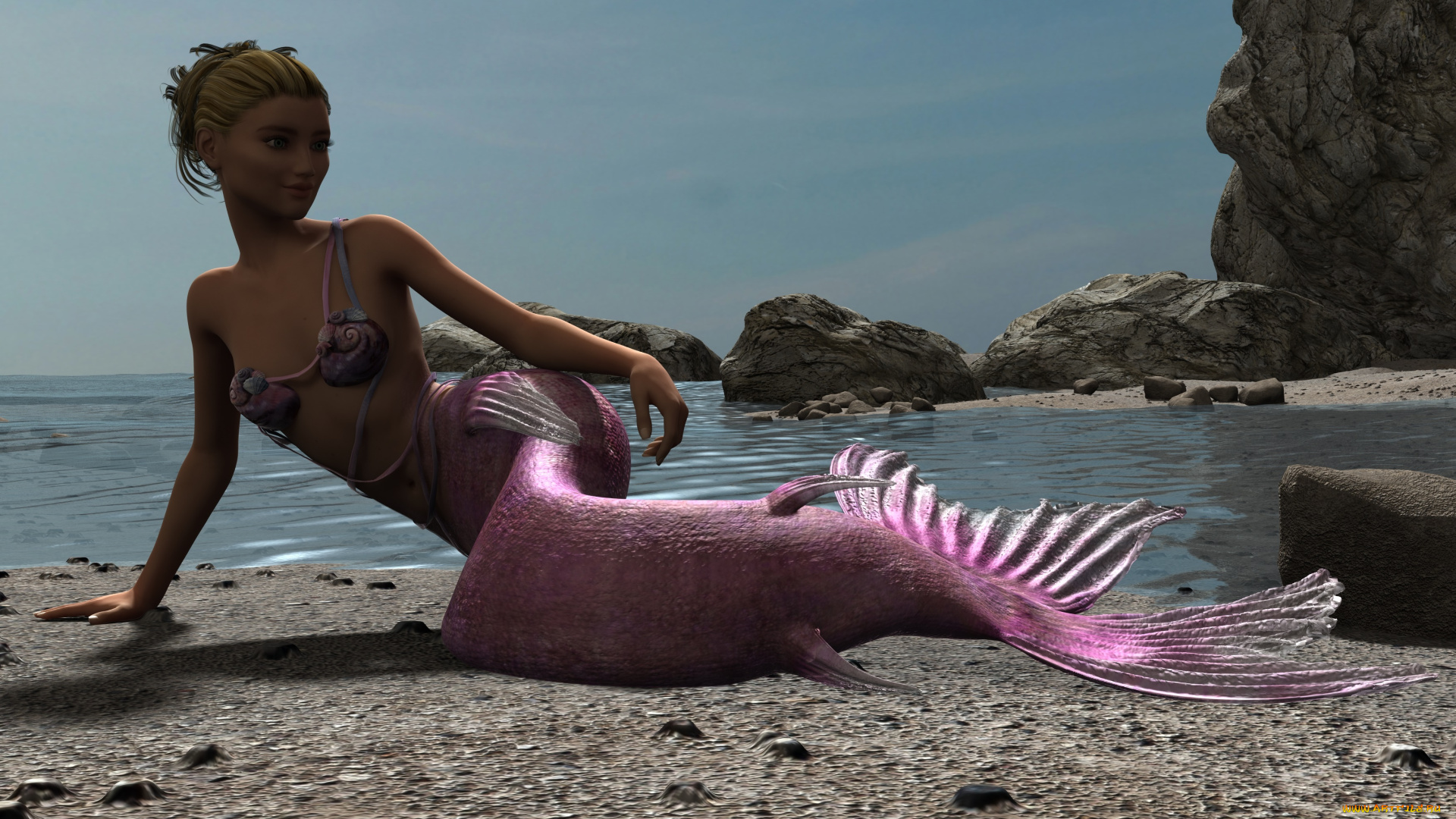 3д, графика, существа, , creatures, девушка, взгляд, фон, русалка