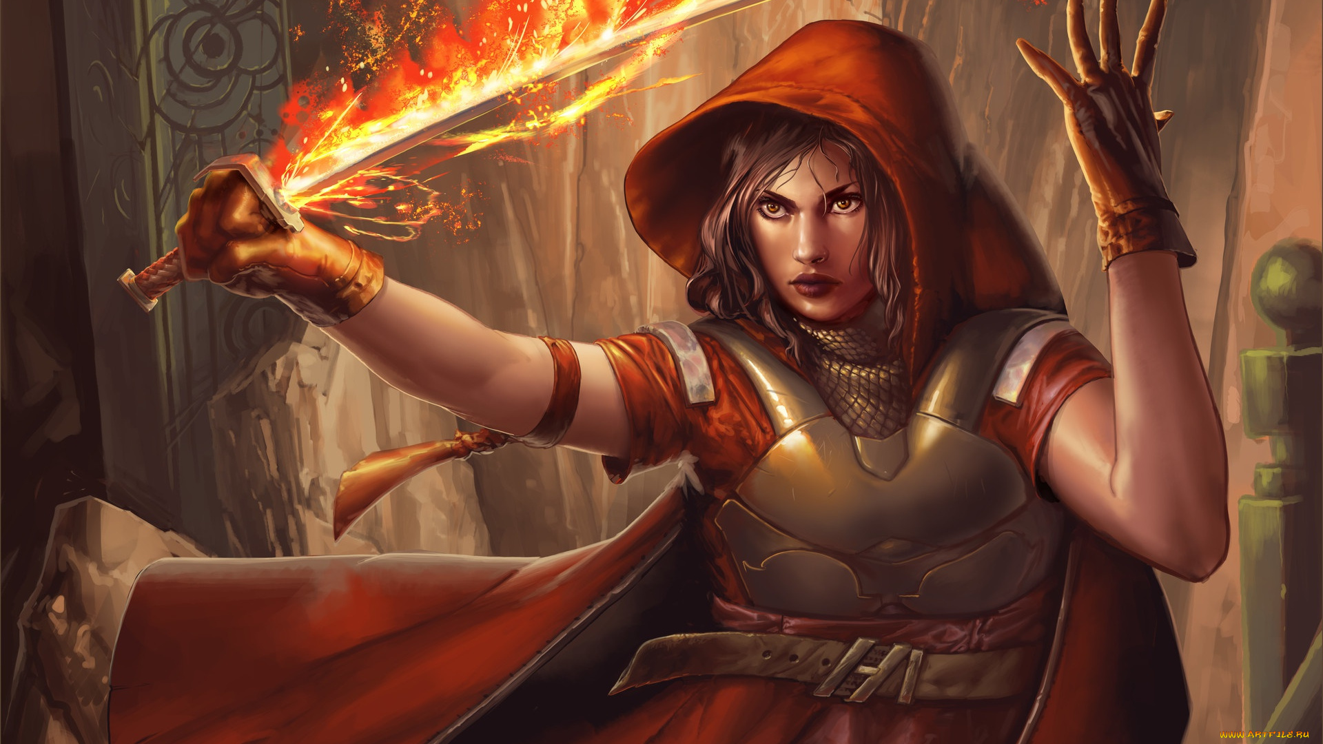фэнтези, магия, огонь, оружие, девушка, взгляд, перчатки, капюшон, арт