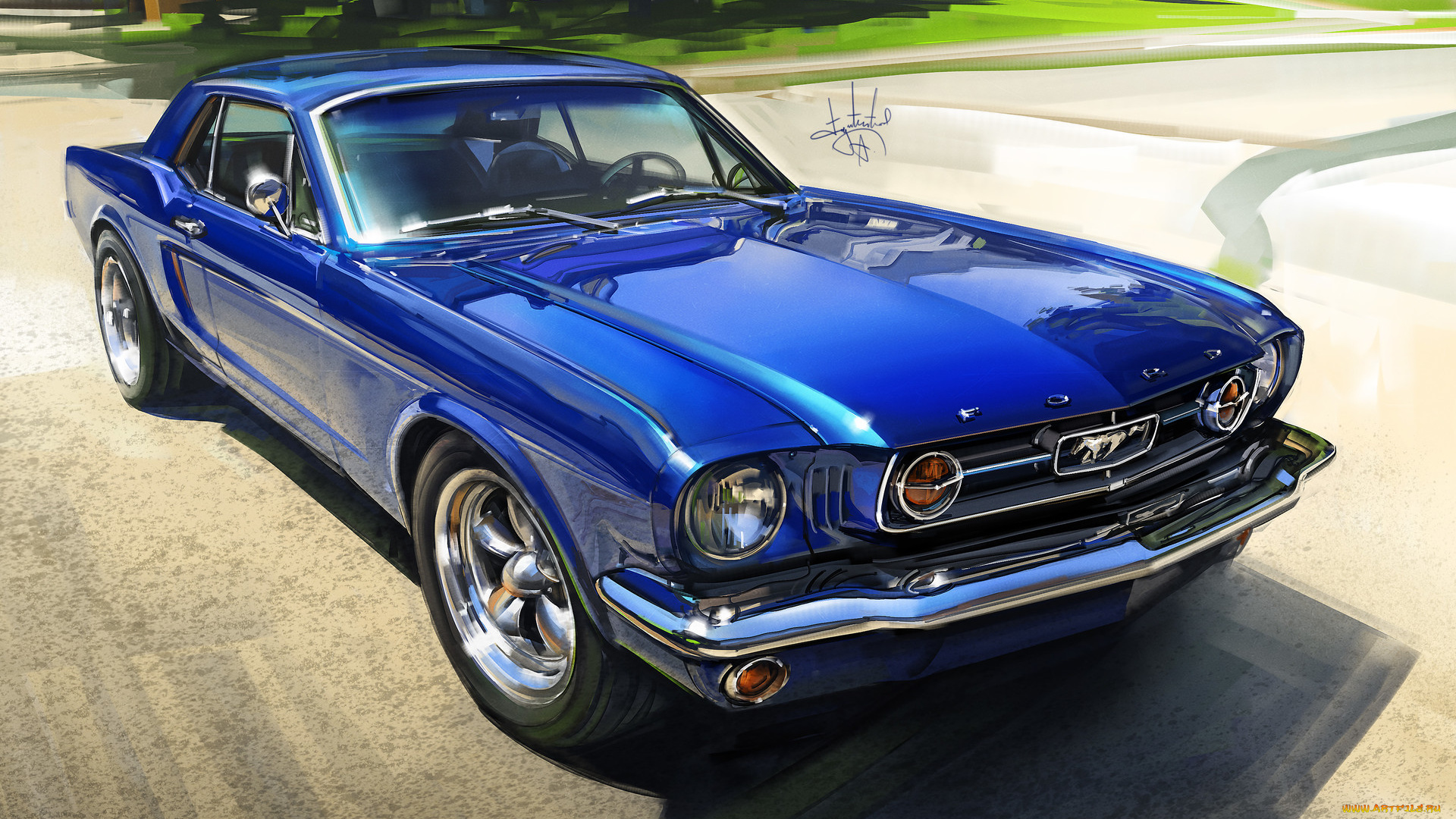 ford, mustang, рисованное, авто, мото, александр, сидельников, автомобиль, рисунок, ford, mustang, улица, деревья, wallhaven, vehicle, painting