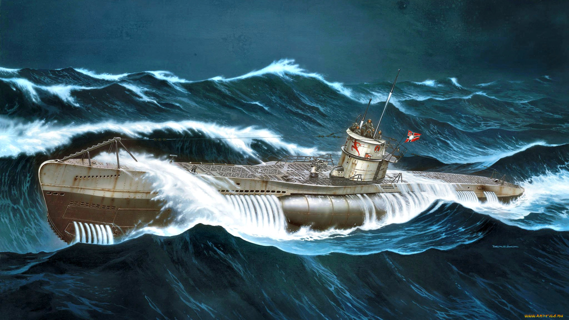 корабли, рисованные, u-boot, type, viic, erich, topp, wwii, german, submarine, волны, шторм, u-552