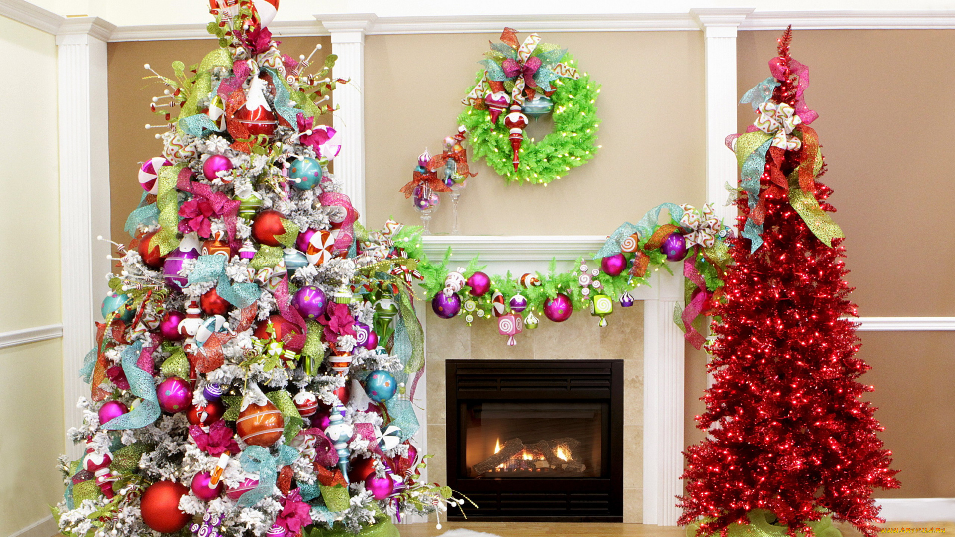 праздничные, Ёлки, гирлянды, елки, камин