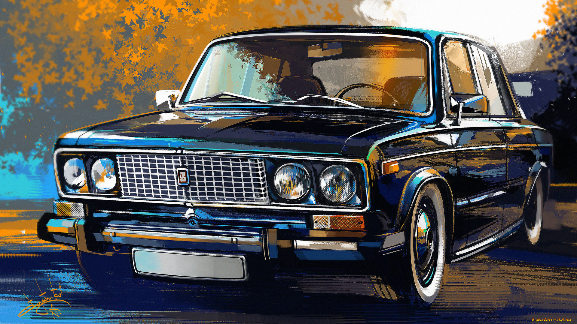 рисованное, авто, мото, ваз, 2101, александр, сидельников, автомобиль, живопись, улица, деревья, lada, жигули