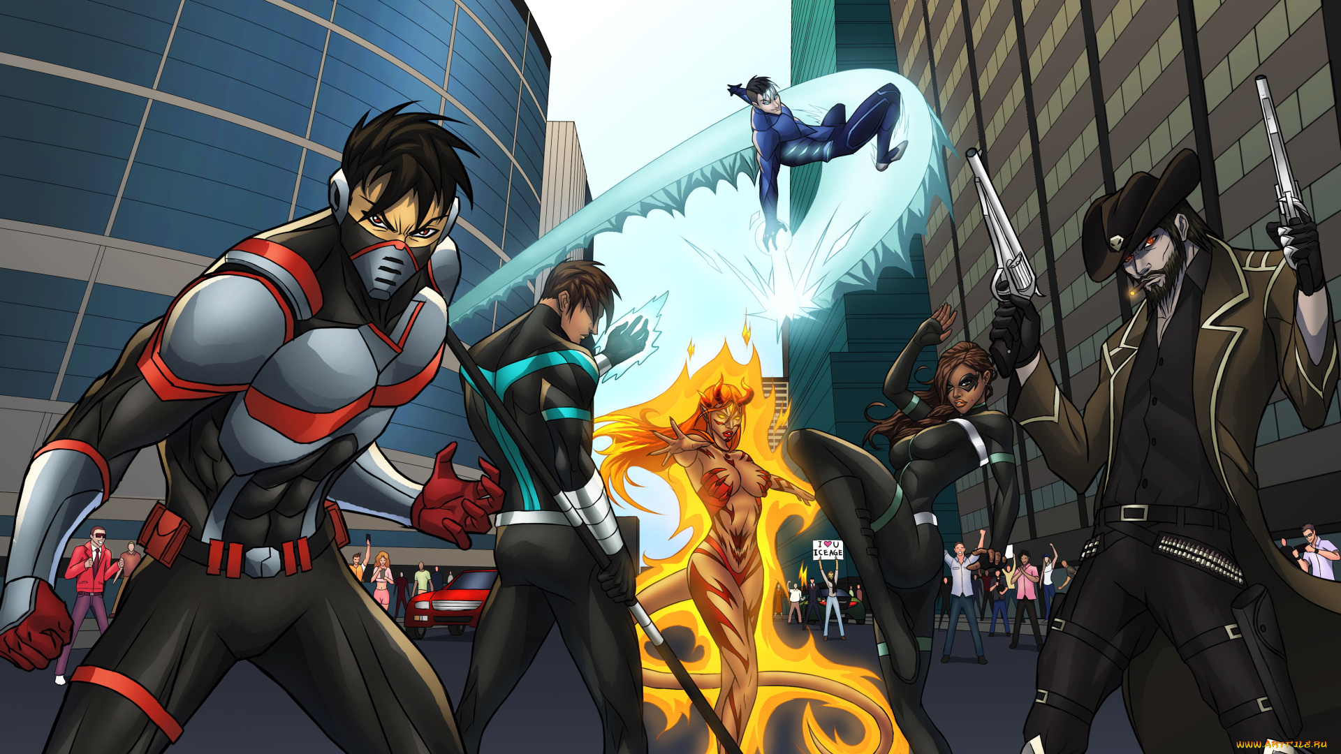 рисованное, комиксы, мужчины, девушки, фон, униформа