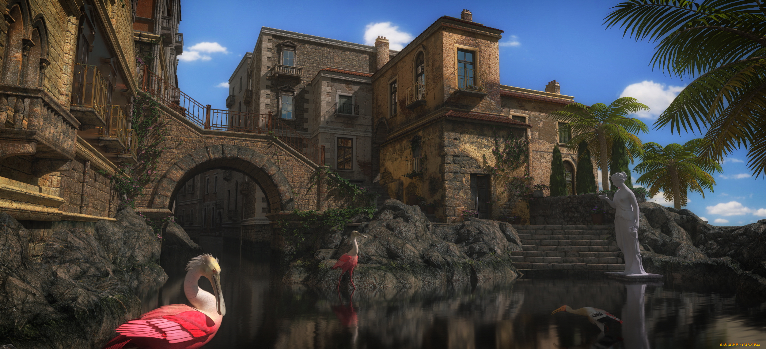 3д, графика, реализм, , realism, пруд, замок, скульптуры, фламинго