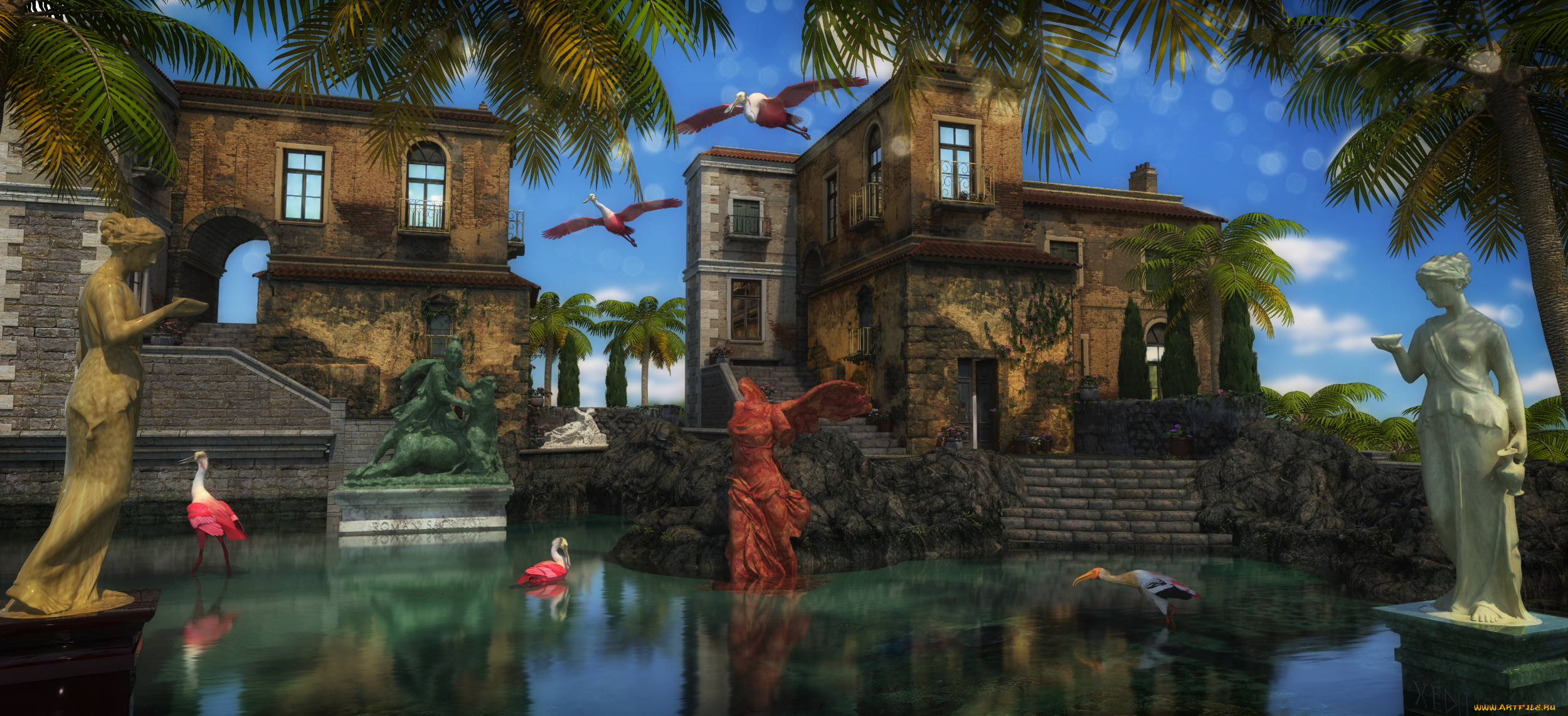 3д, графика, реализм, , realism, замок, пруд, скульптуры, фламинго