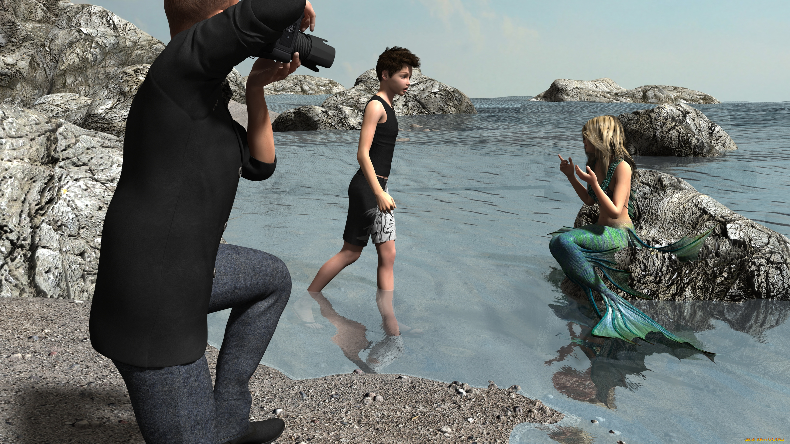 3д, графика, существа, , creatures, девушка, взгляд, фон, русалка