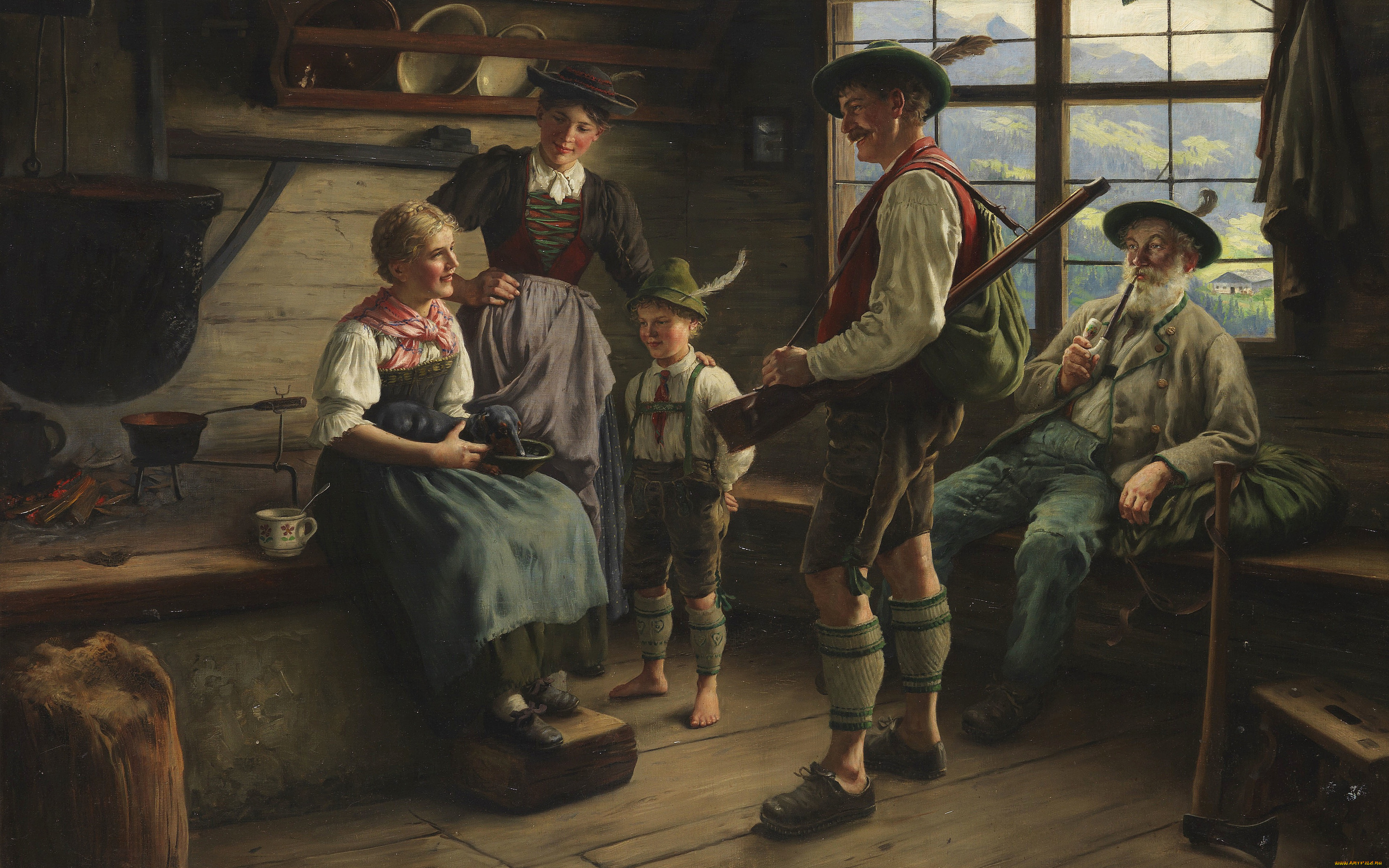 рисованное, живопись, rast, des, jаgers, auf, der, alm, отдых, охотника, на, пастбище, эмиль, рау, emil, rau, немецкий, живописец, german, painter, 1919