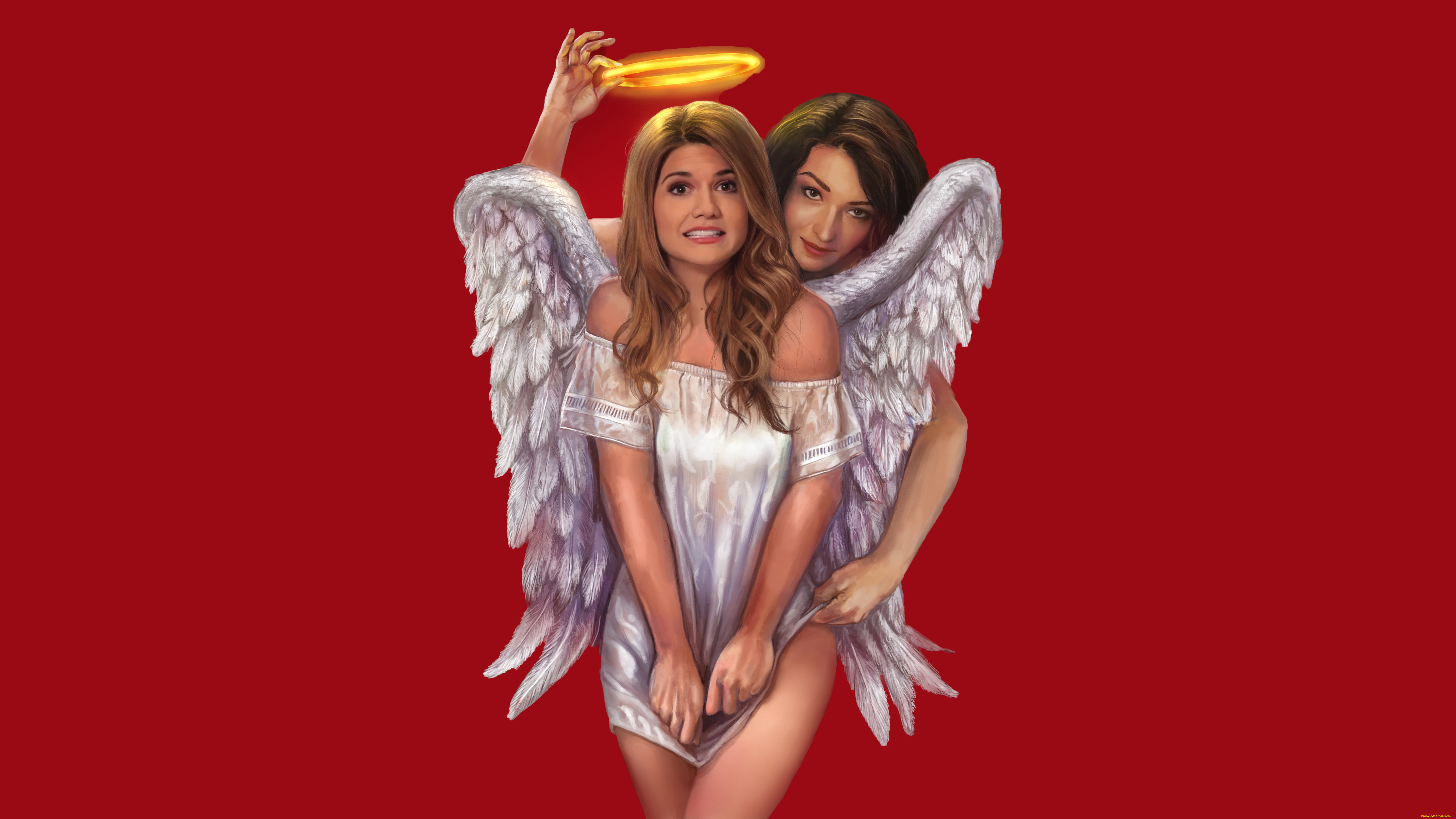 рисованное, комиксы, девушки, фон, взгляд, нимб, крылья