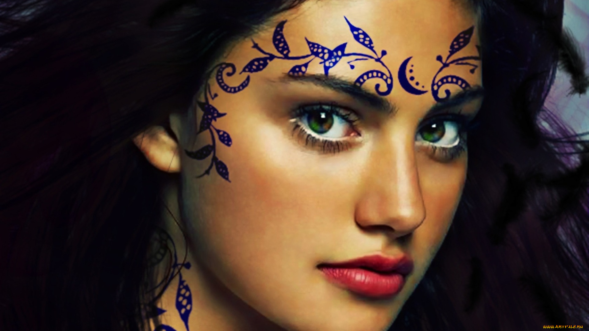 девушки, phoebe, tonkin, узор, брюнетка, лицо