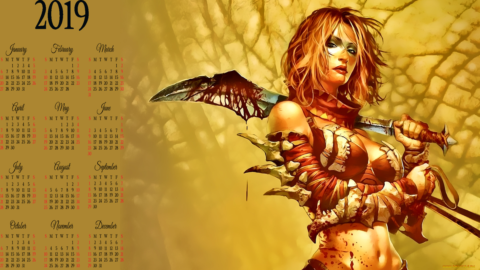 календари, фэнтези, 2019, calendar, женщина, кровь, девушка, воительница, оружие, взгляд