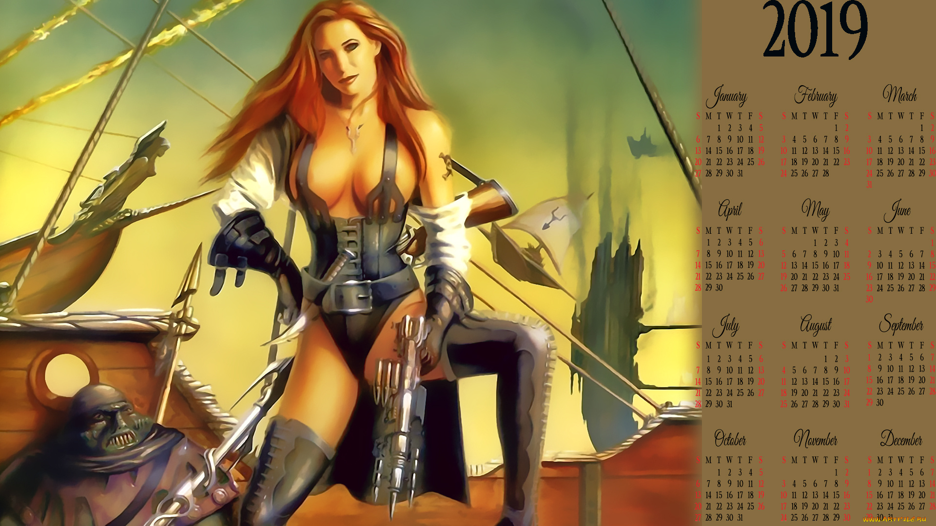 календари, фэнтези, девушка, женщина, оружие, воительница, 2019, calendar, взгляд
