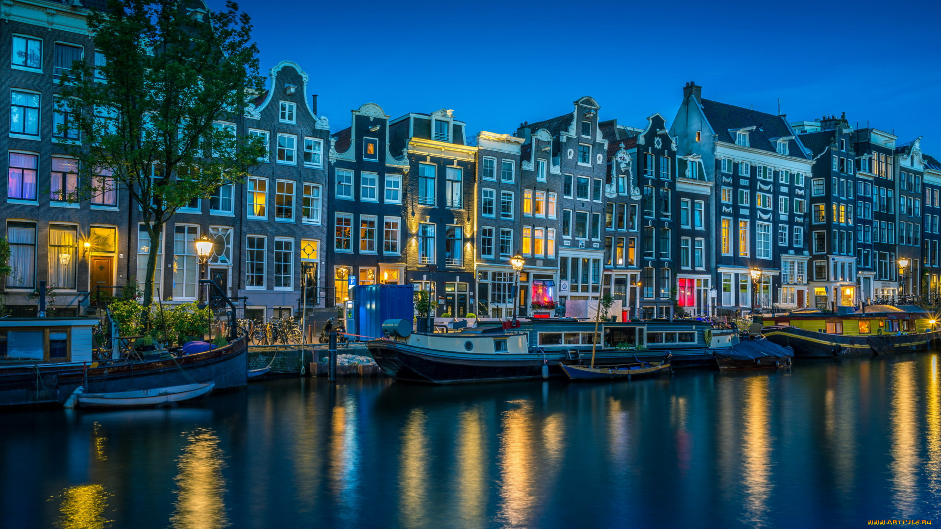 города, амстердам, , нидерланды, канал, вечер, огни