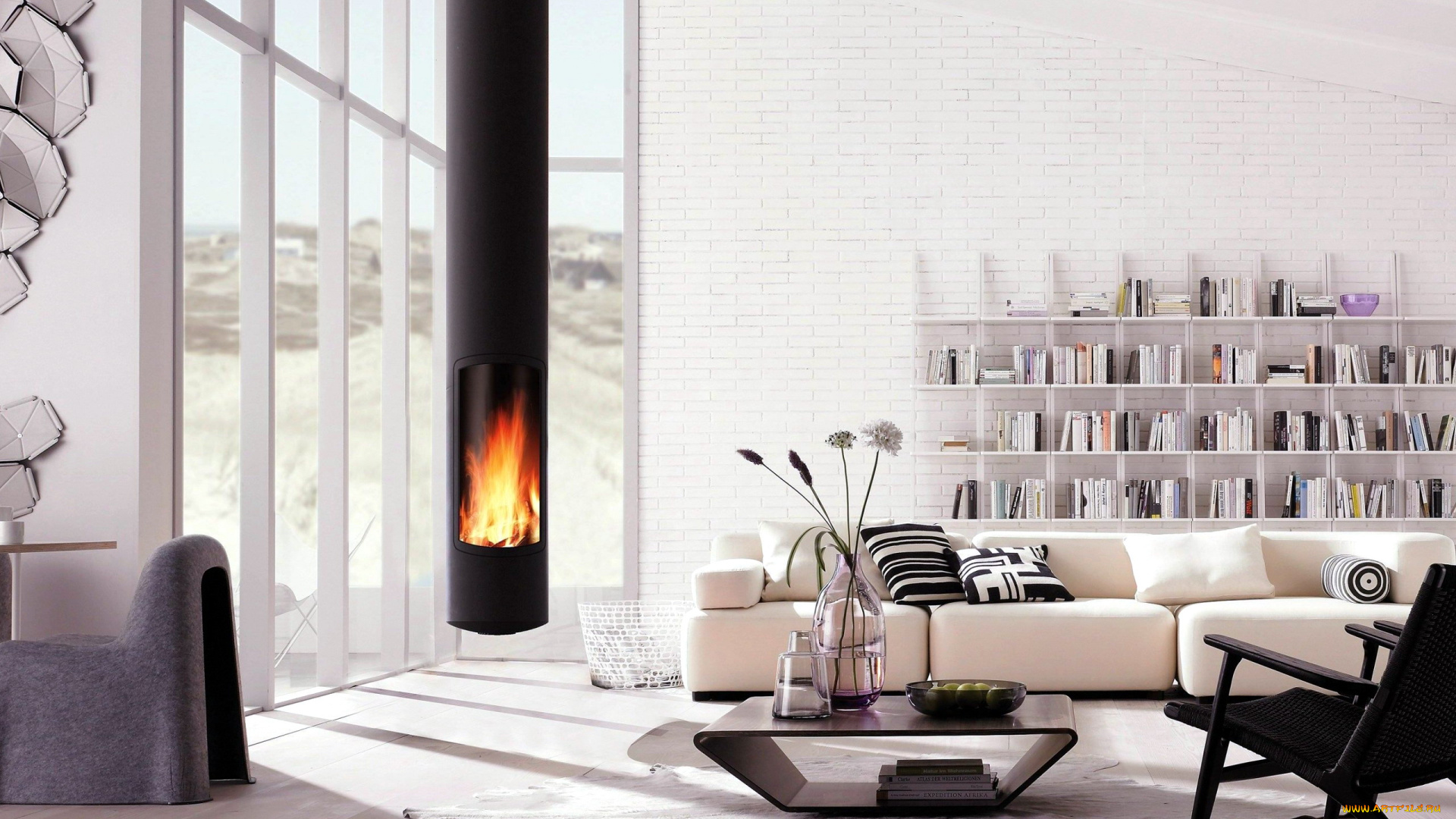 интерьер, гостиная, камин, мягкий, уголок, книжные, полки