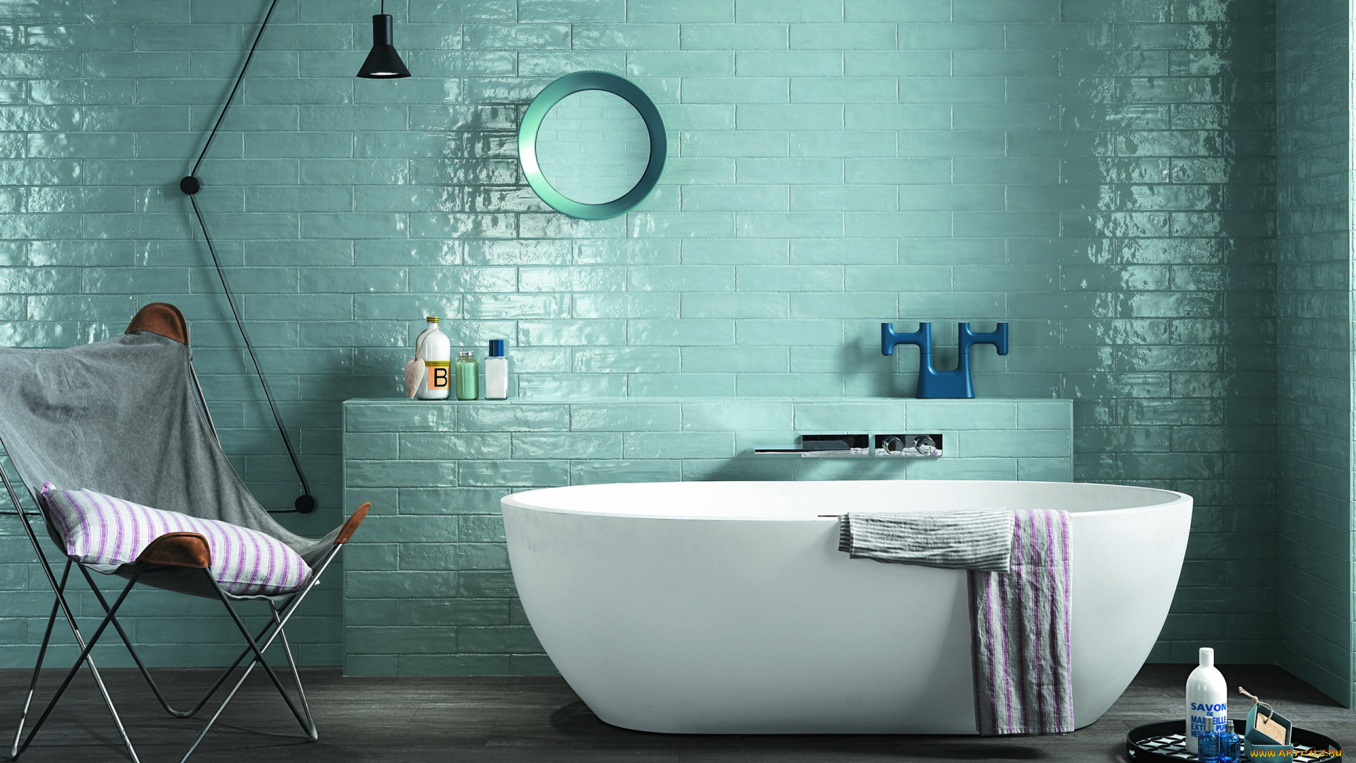 интерьер, ванная, и, туалетная, комнаты, зеркало, ванна, лампа