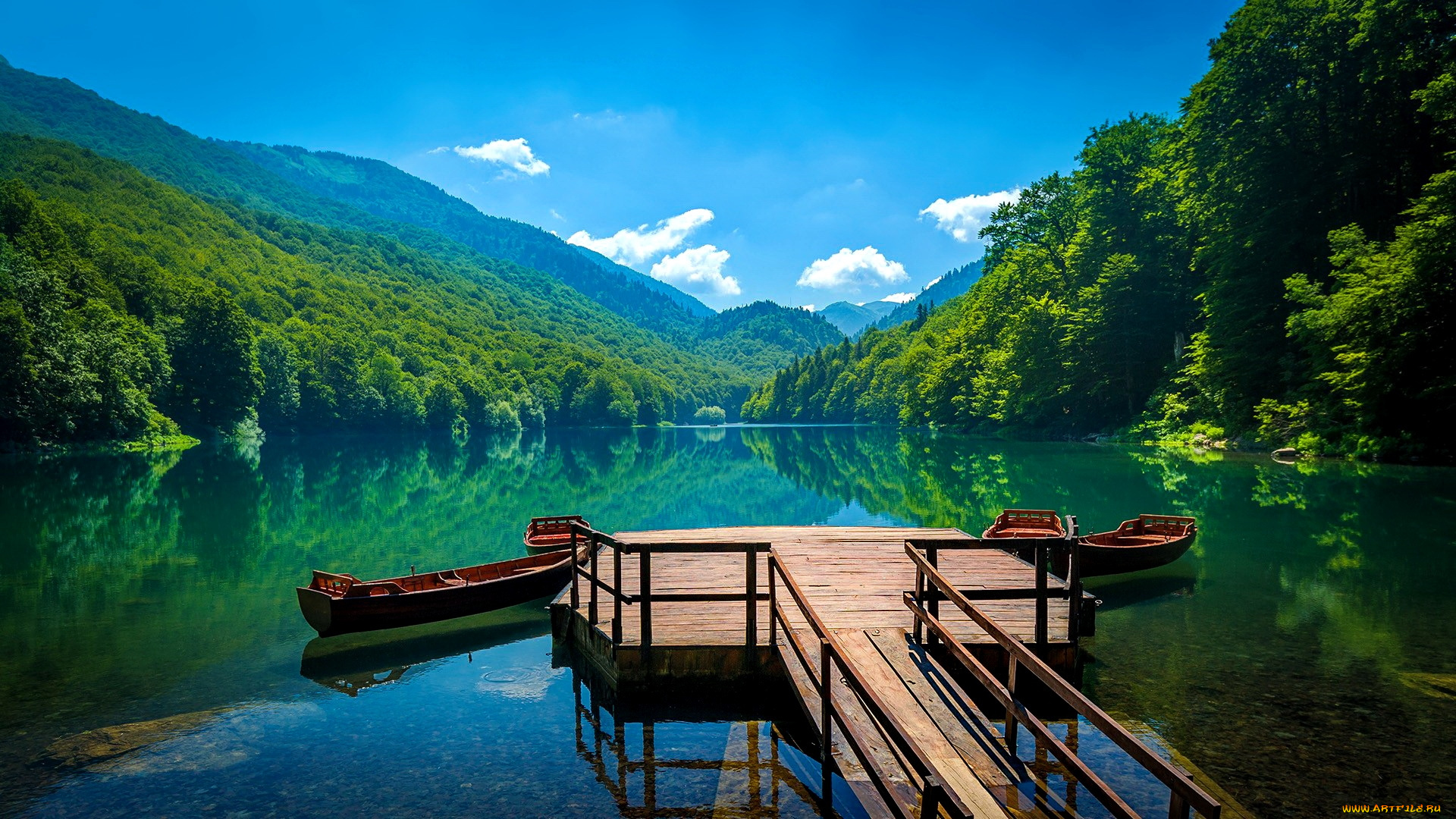 корабли, лодки, , шлюпки, горы, озеро, мостки, отражение