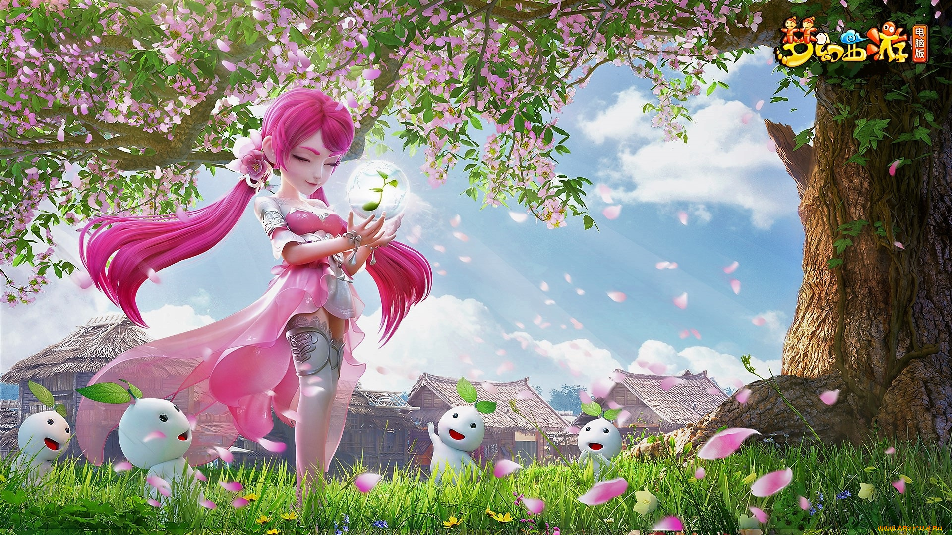 видео, игры, fantasy, westward, journey, девушка, существа, дерево, лепестки