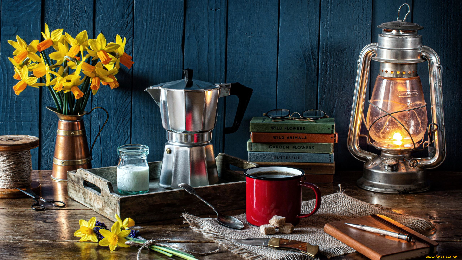 еда, натюрморт, лампа, нарциссы, кофе, книги