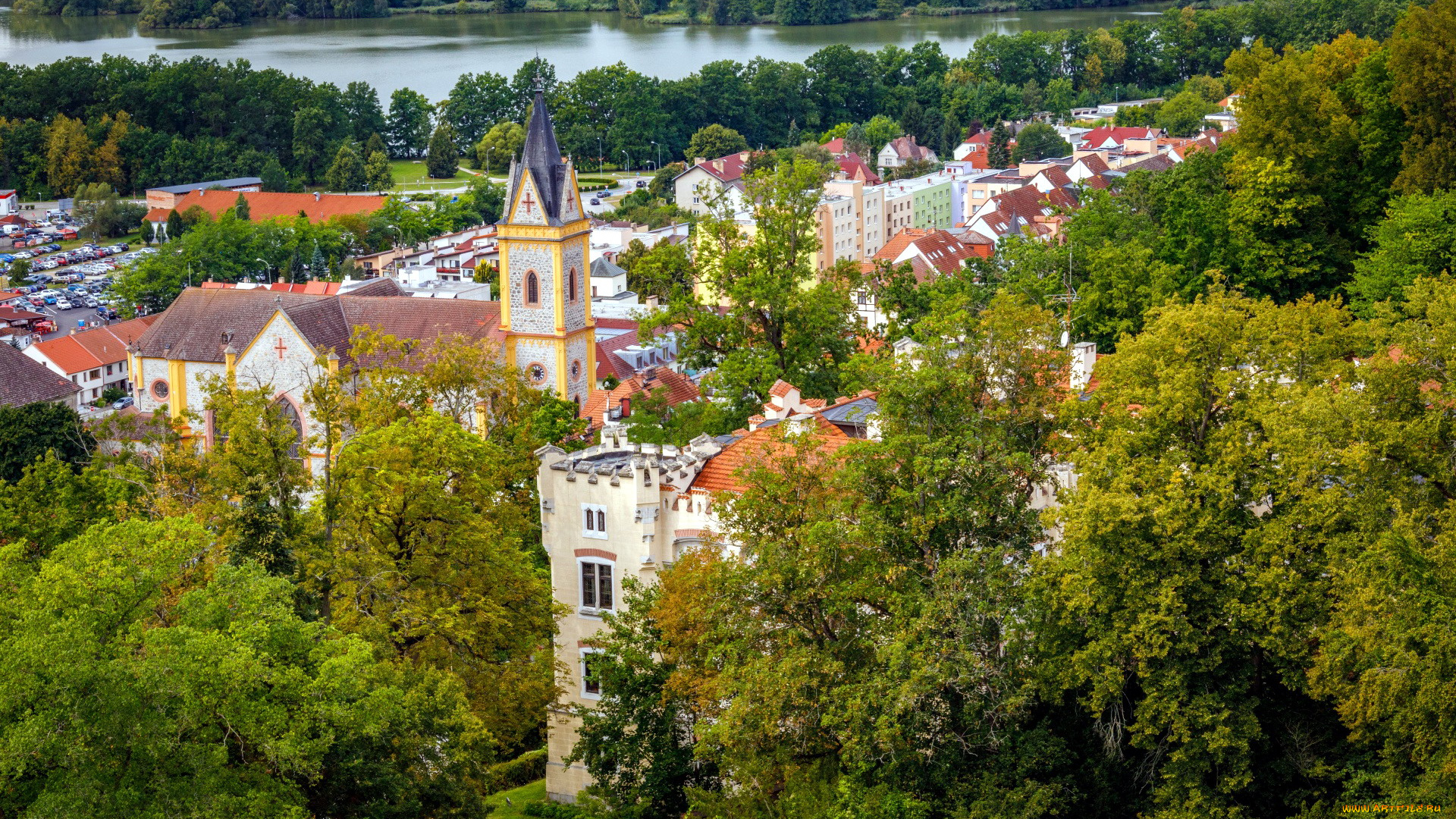 города, -, панорамы, река, город, панорама, лето