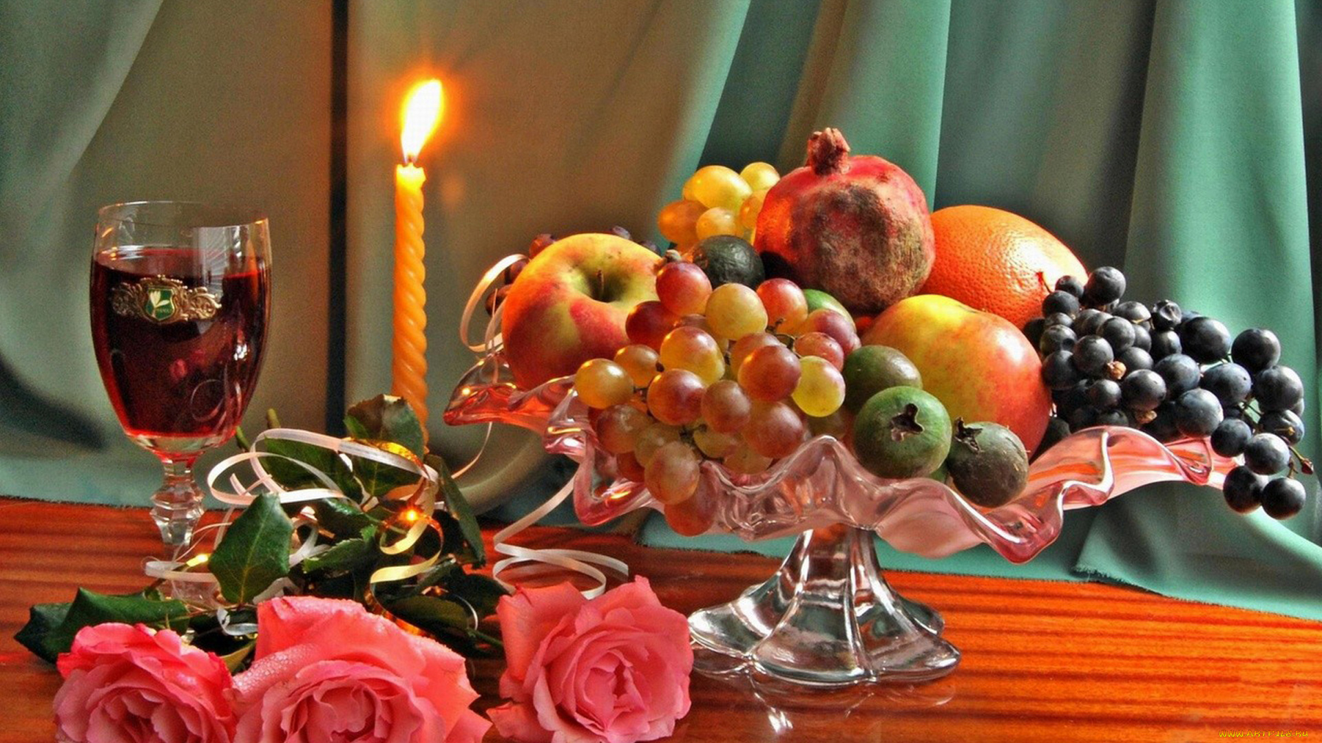 еда, фрукты, , ягоды, розы, вино, свеча, гранат, виноград, яблоки
