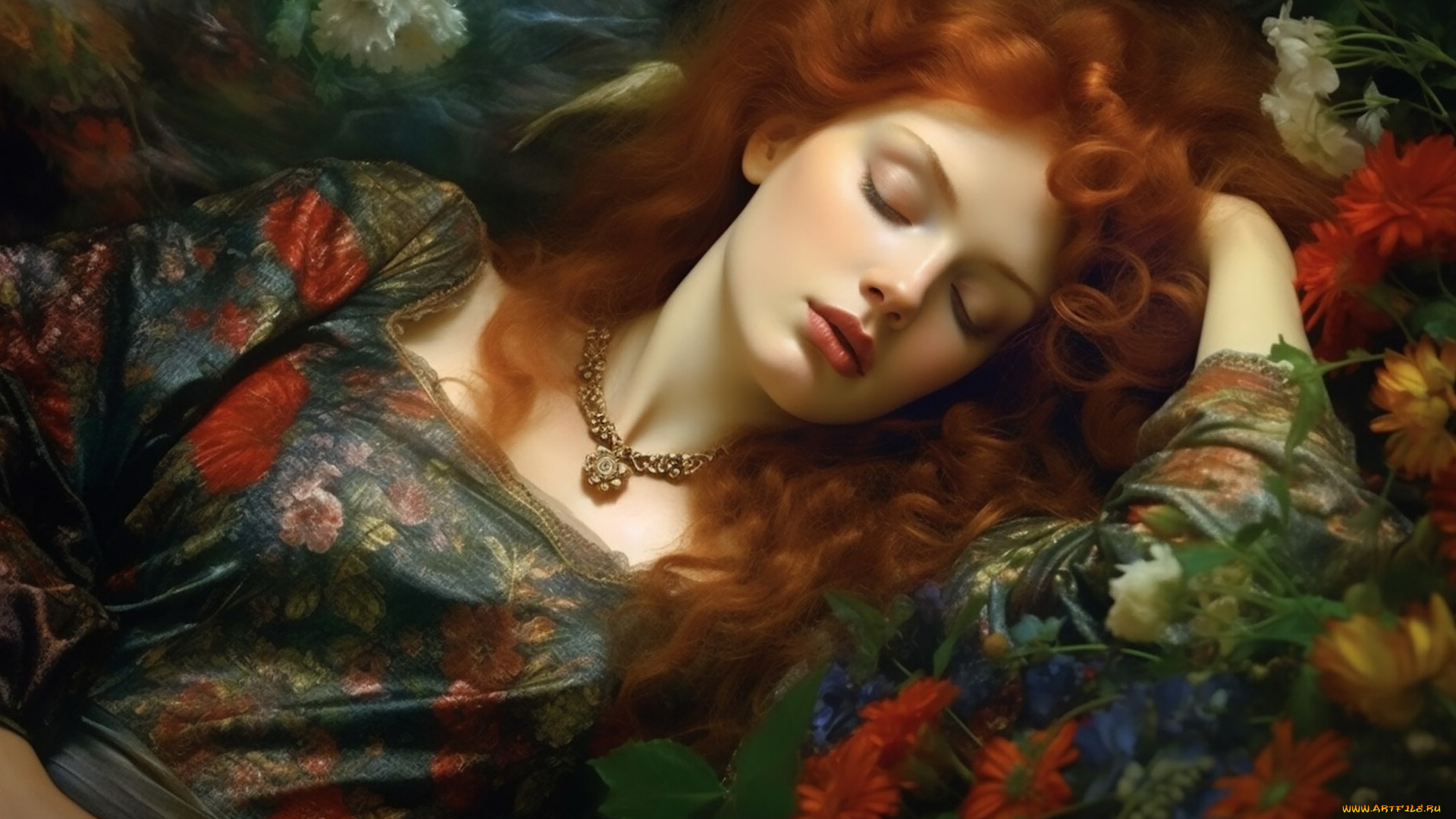 красота, рисованное, люди, девушка, лицо, сон, спит, лежит, рыжая, рыжеволосая, длинные, волосы, локоны, цифровая, живопись, цифровое, искусство, ии-арт, нейросеть, картина, искусственного, интеллекта