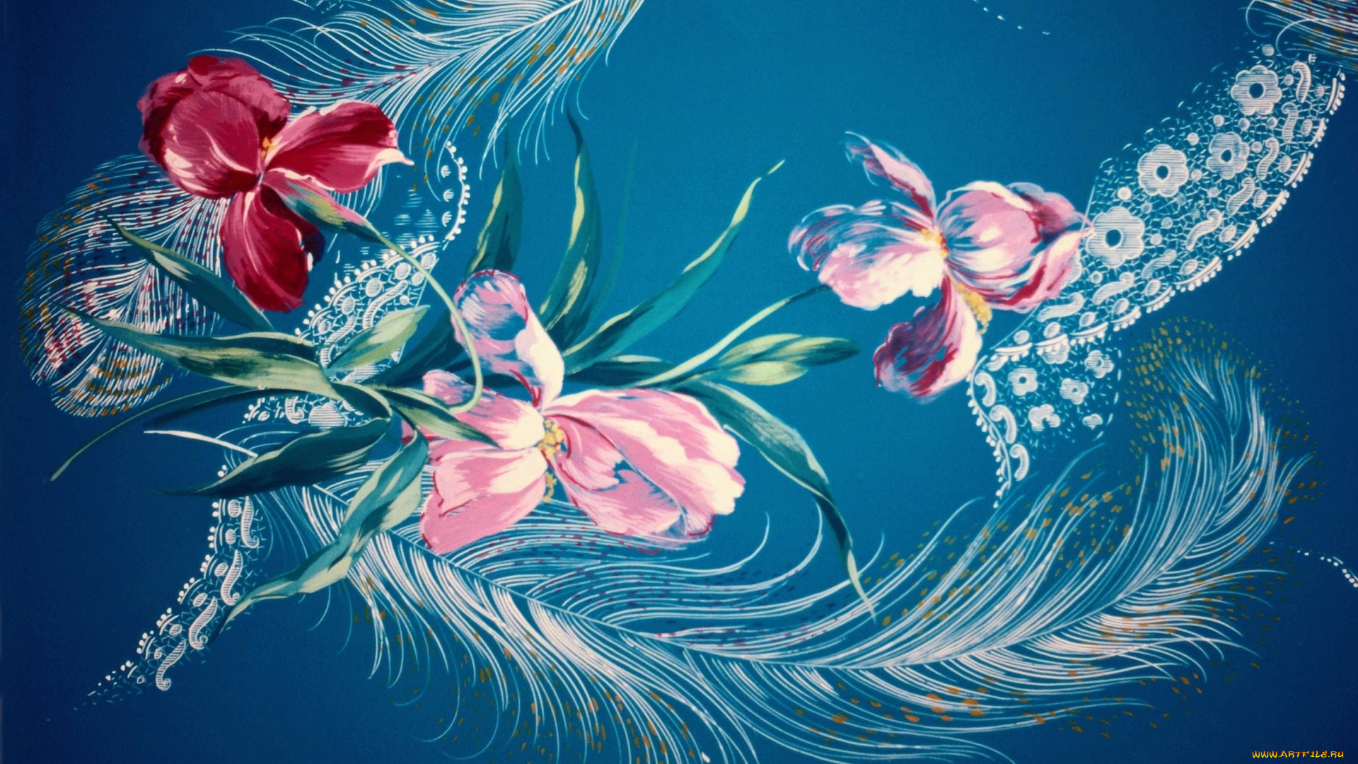 рисованное, цветы, перья, кружево