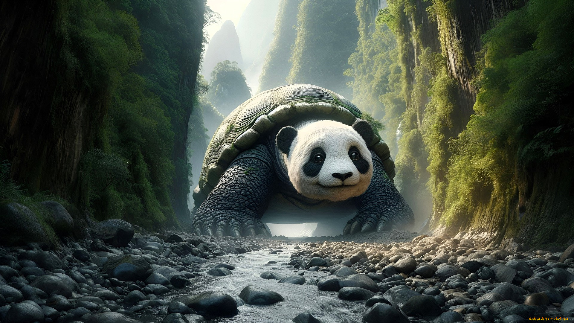 3д, графика, существа, , creatures, существо, черепаха, панцирь, панда, ручей, камни, деревья, овраг