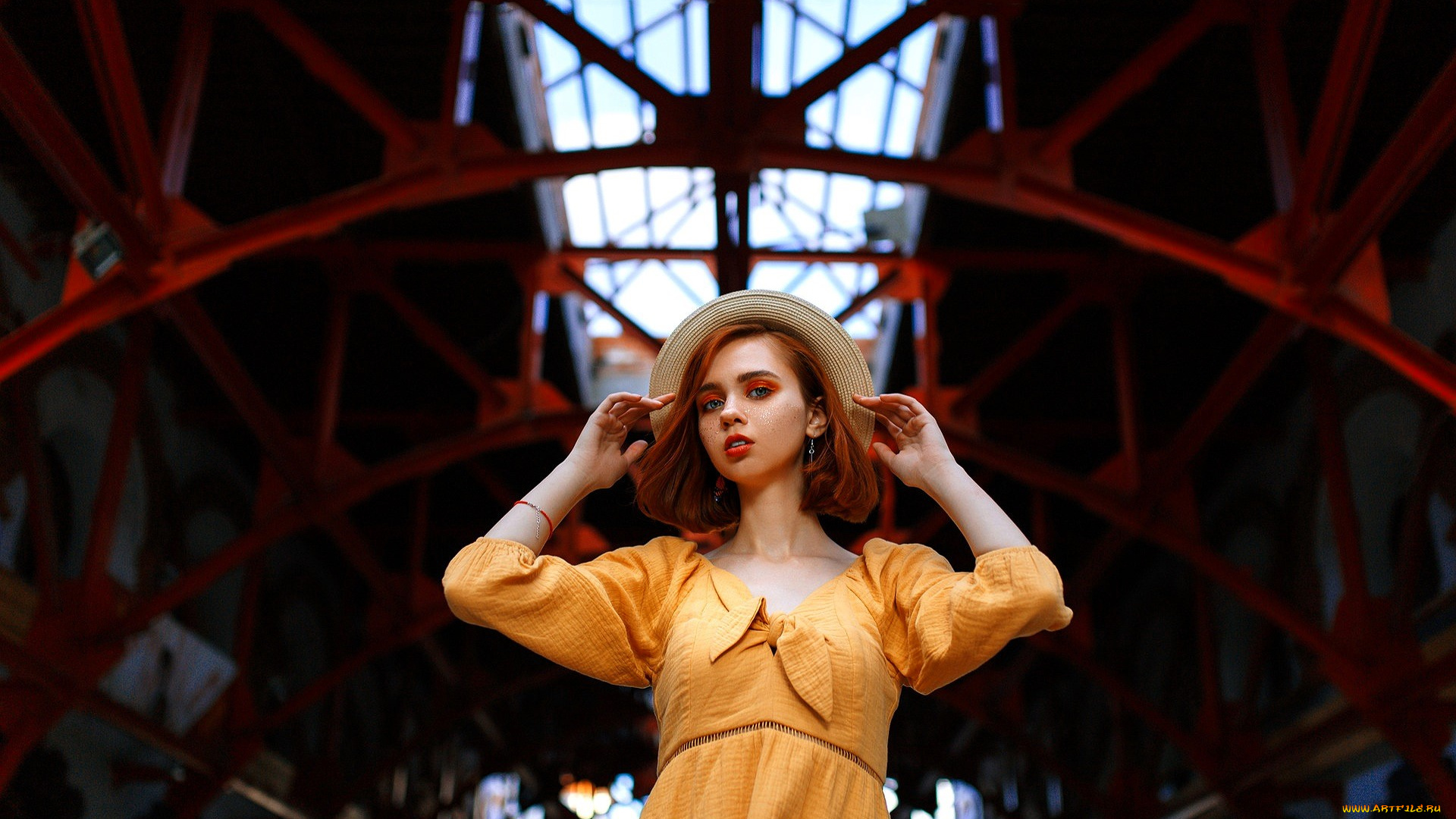 девушки, -, рыжеволосые, и, разноцветные, рыжая, шляпа, платье, арки