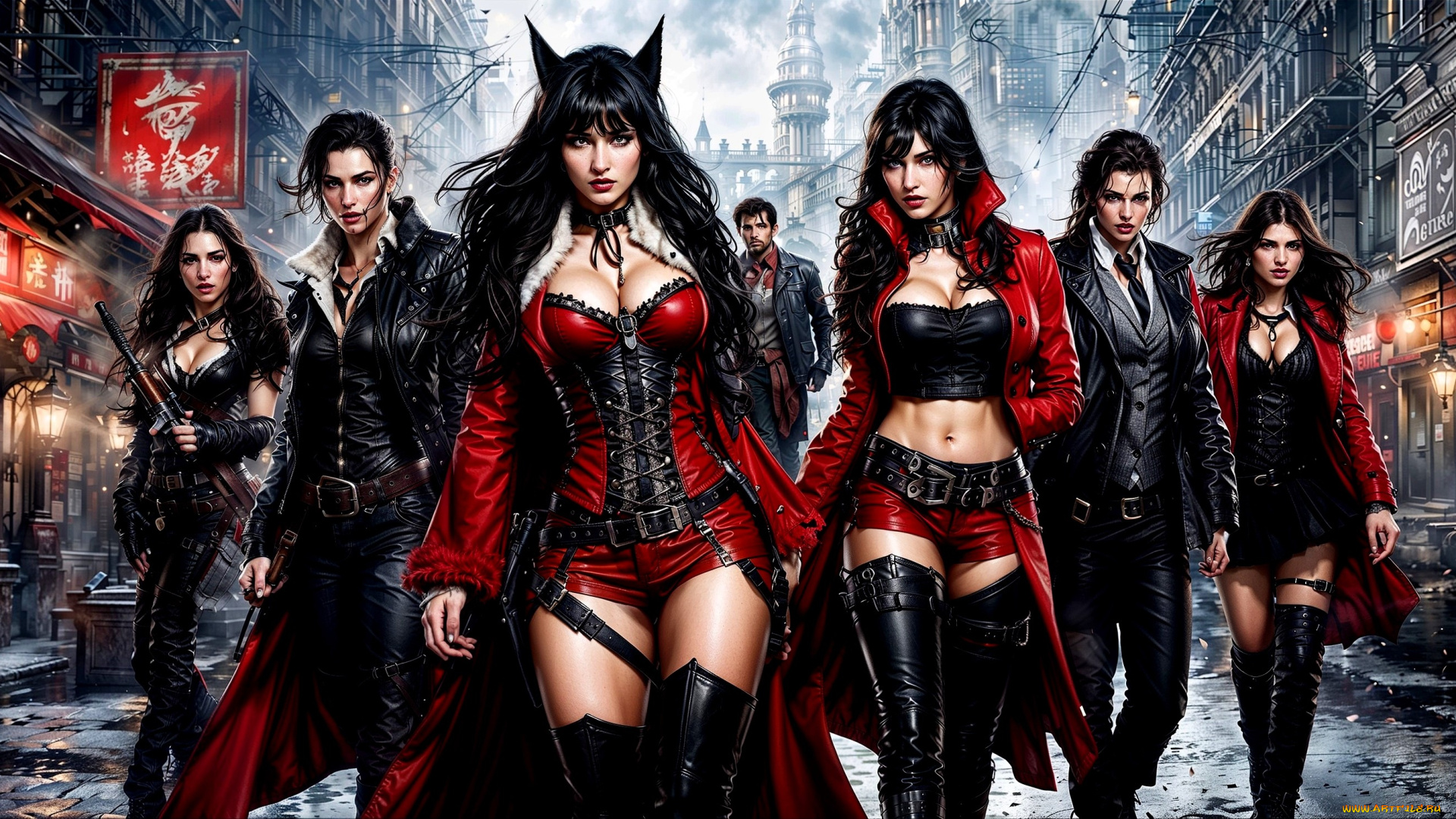 фэнтези, люди, компания, наряды, ушки, оружие, улица, дома