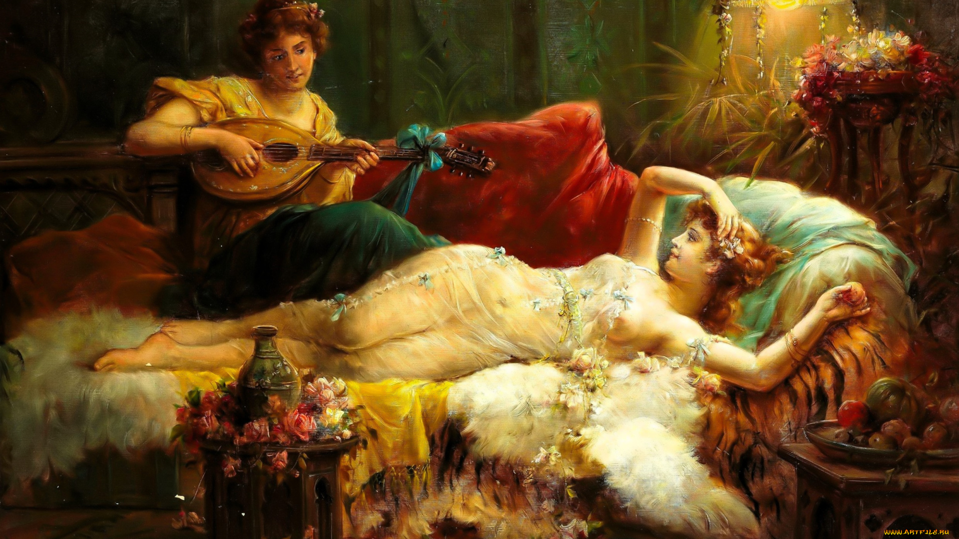 рисованное, hans, zatzka, женщины, лютня, диван, цветы