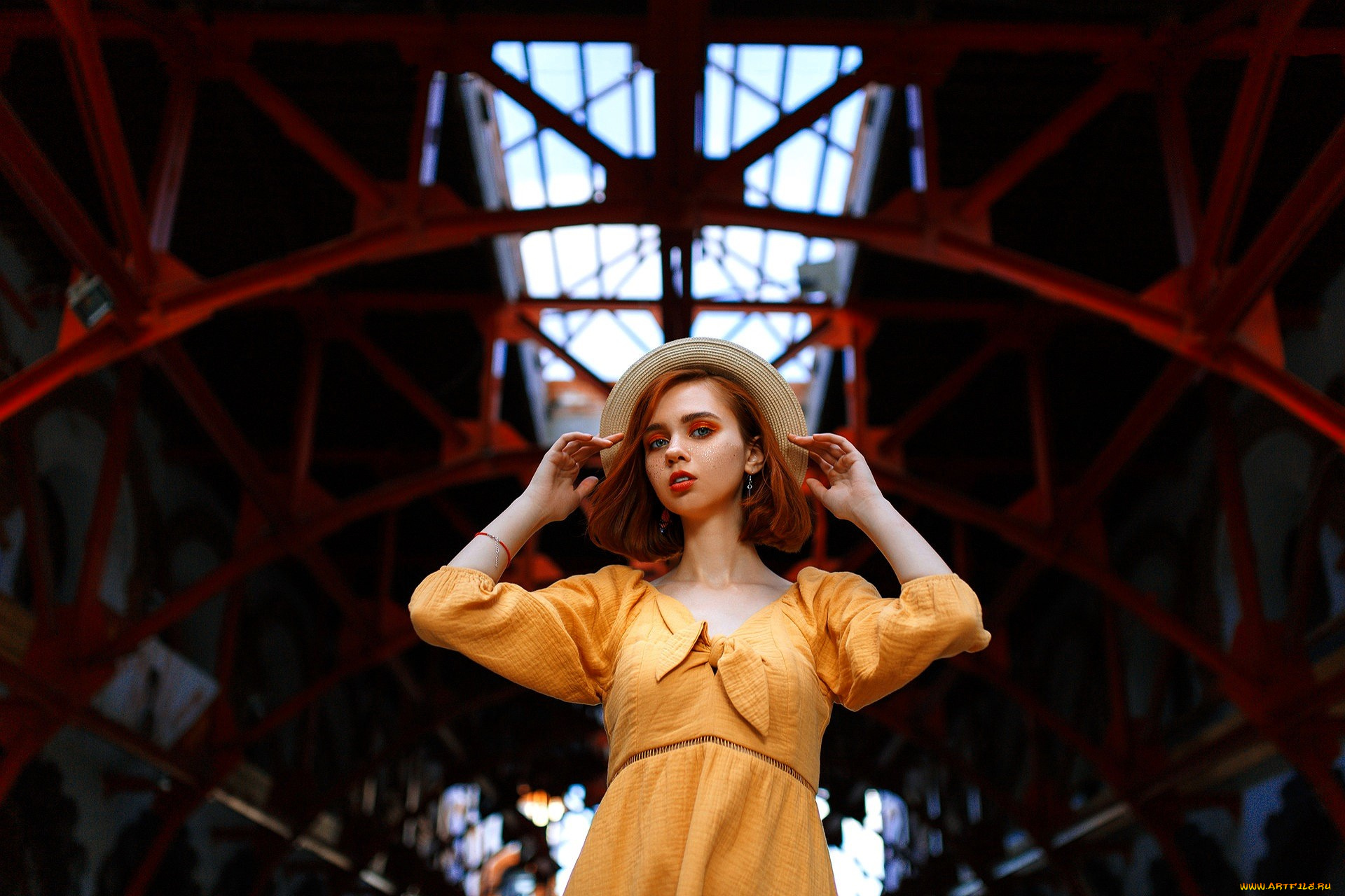 девушки, -, рыжеволосые, и, разноцветные, рыжая, шляпа, платье, арки