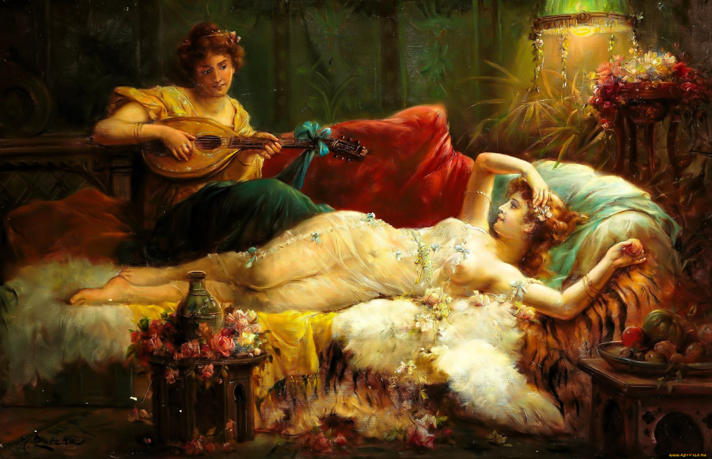 рисованное, hans, zatzka, женщины, лютня, диван, цветы