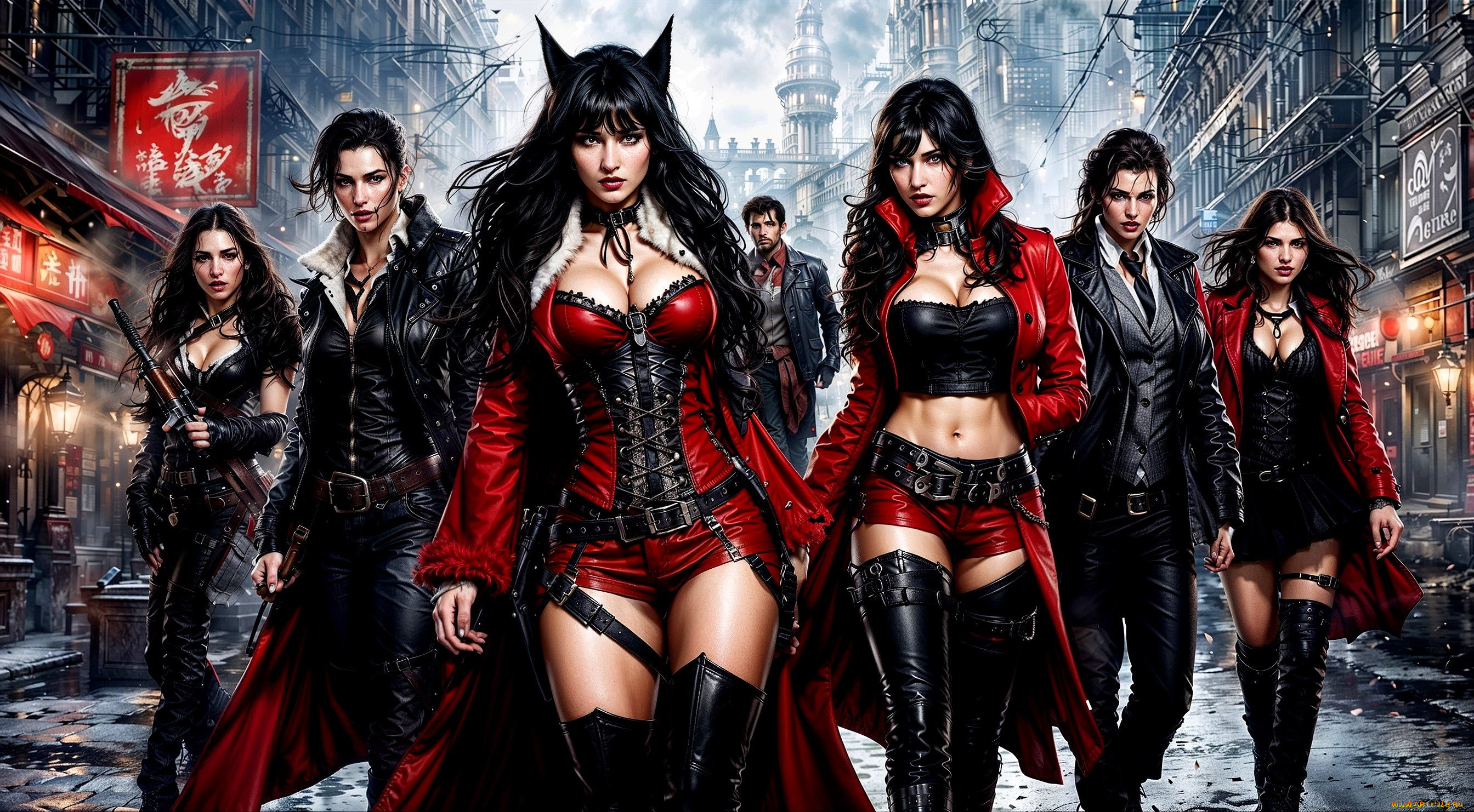 фэнтези, люди, компания, наряды, ушки, оружие, улица, дома