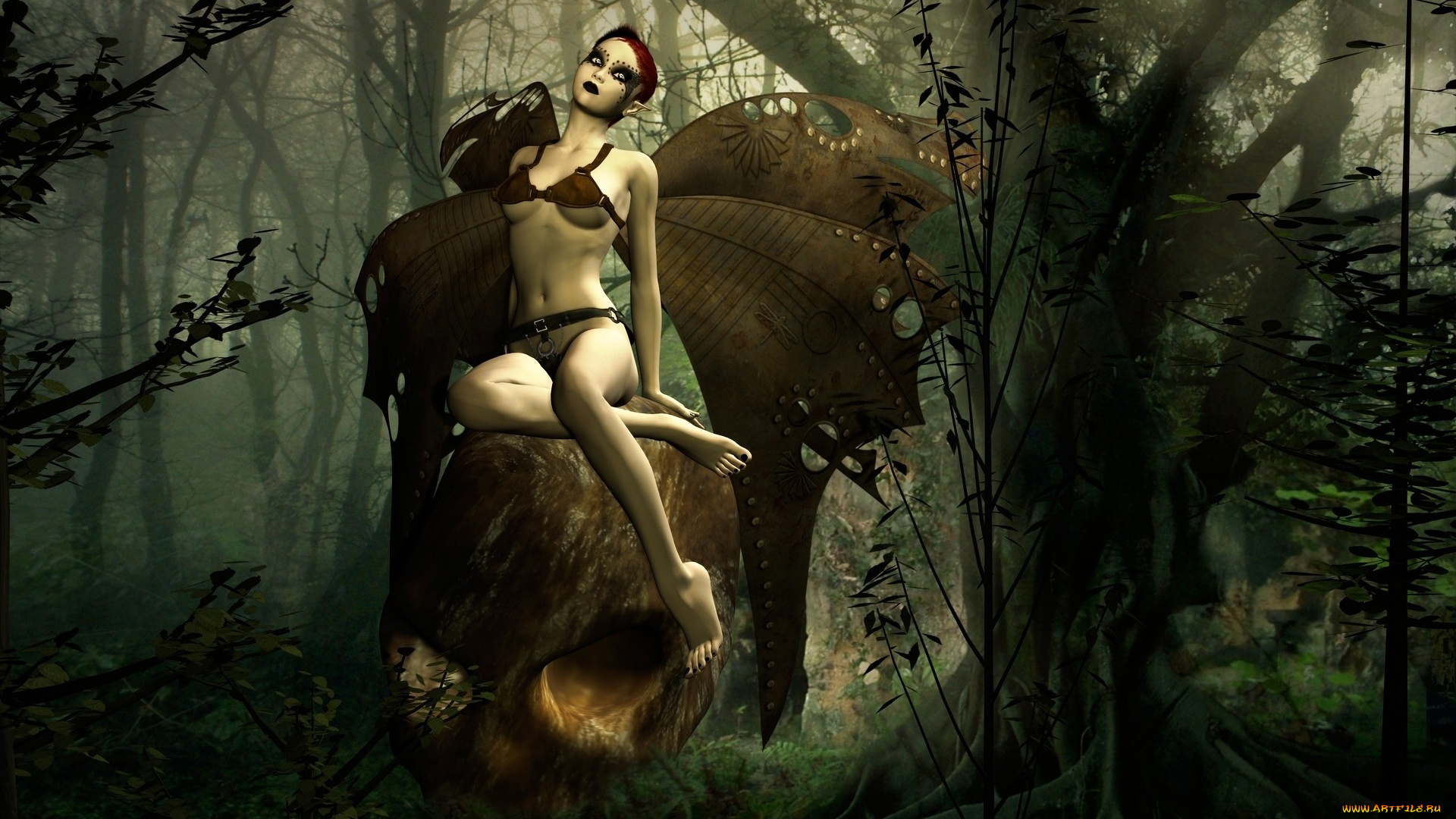 3д, графика, elves, эльфы, грим, лес, крылья, череп