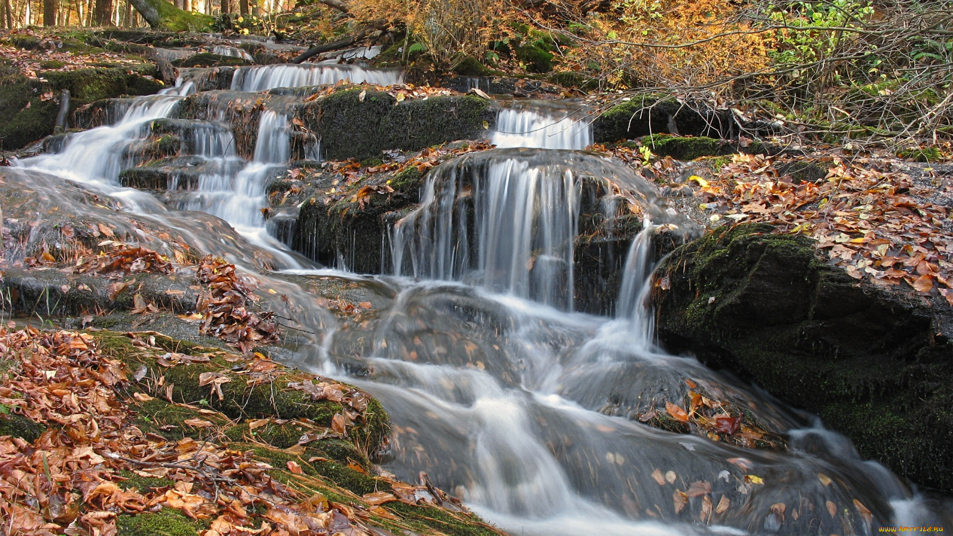 природа, водопады, осень, листья, поток, вода, камни